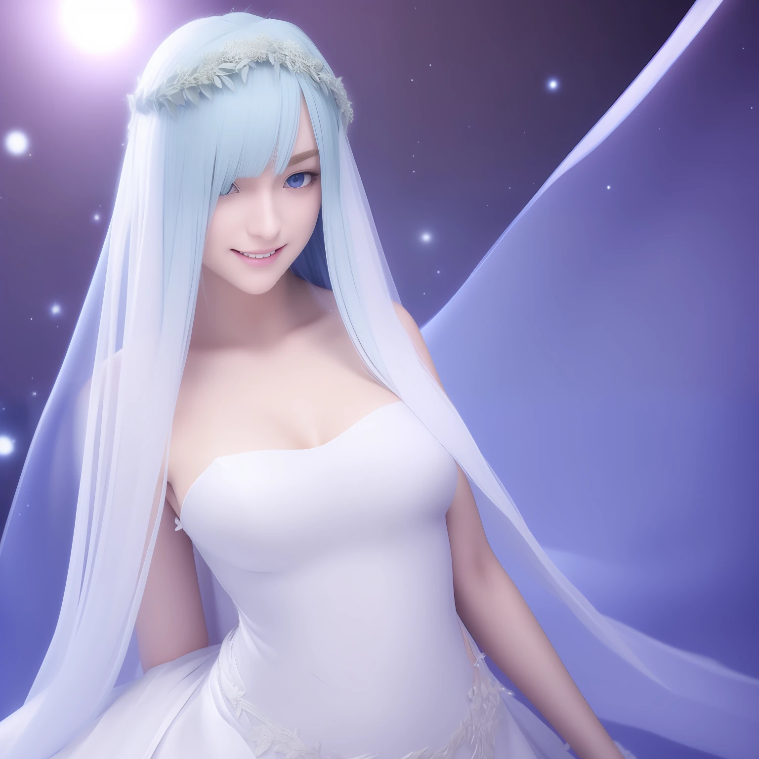 brynhildr lancer fgo,20-year old,bride,pure,dazzling smile,laurel wreath,white wedding dress,shyly pose, pretty round face,tall,very skinny,slender,light blue hair, cross-cut bangs strongly leans to the right,detailed hair