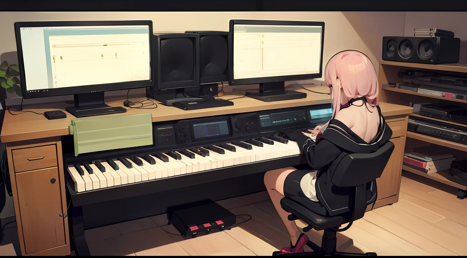غرفة الإنتاج الموسيقي　مكتب الكمبيوتر　ملاحظة جهاز الكمبيوتر　مراقبة المتحدث　البيانو الالكتروني　الباستيل　فتاة مع ظهرها