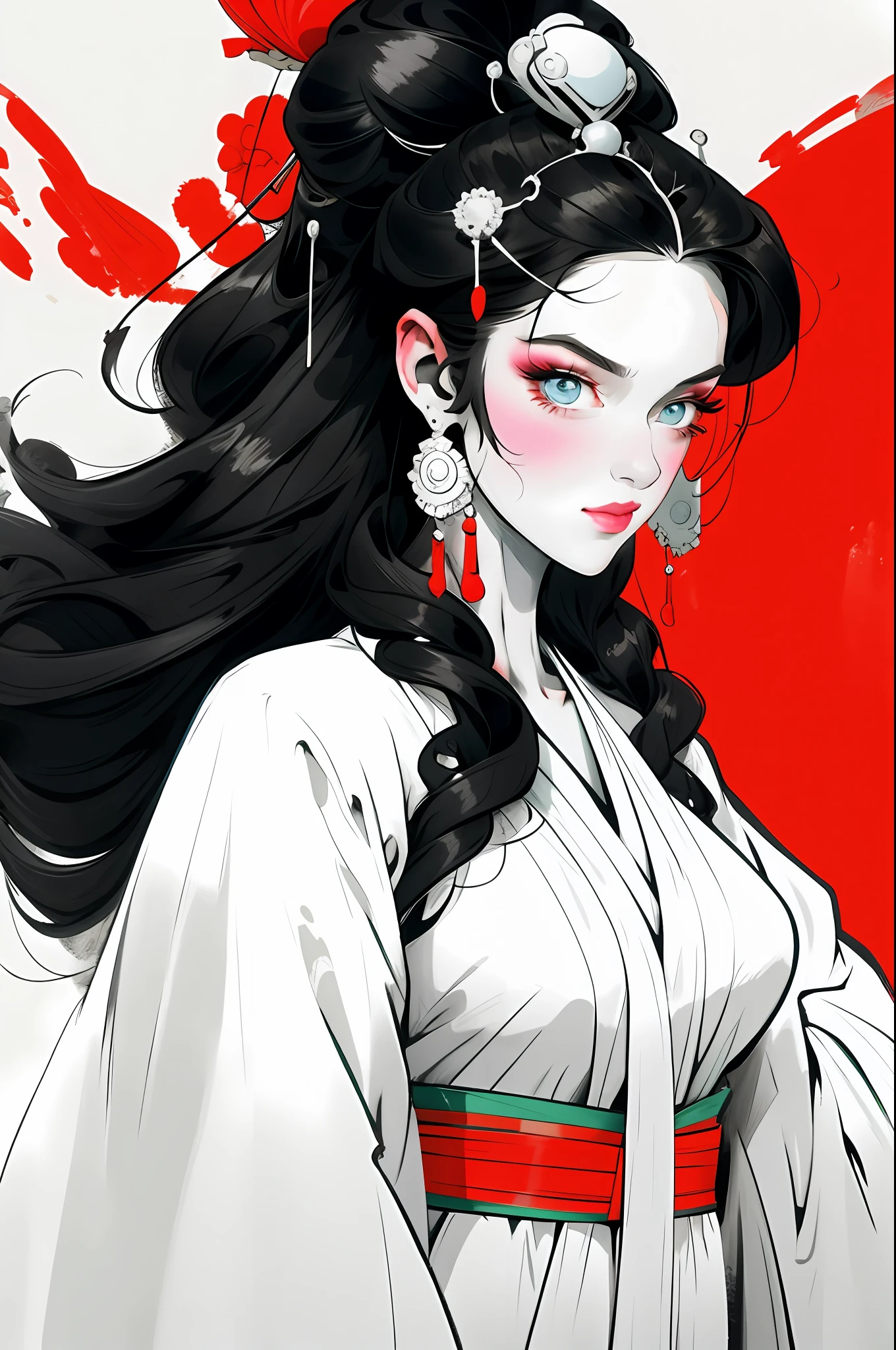 （Beautiful girl in black and white clothes），Full body standing painting，Wide sleeves，Big bright eyes，Beautiful face and smooth fair skin，s delicate face，hair-bun，An ancient Chinese beauty，wearing ancient Chinese costume，gossamer，head gear，Vivid and bright colors，digital illustrations，（clean backdrop），Ink painting style，Clean colors，tmasterpiece，Ultra-delicate，Epic composition，HighestQuali，4K