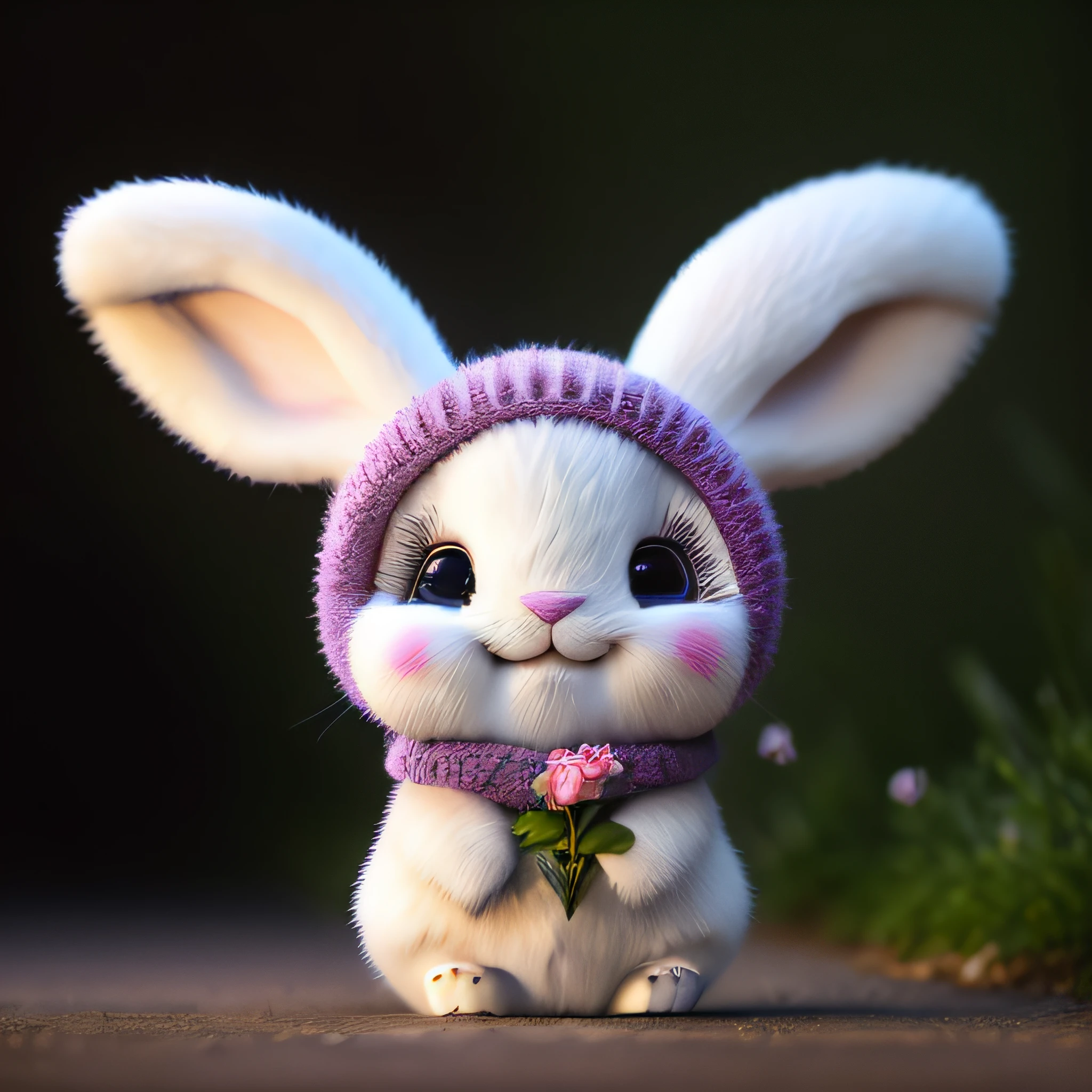 bunny, bunny, flower, nature, no_humans, depth of field, to8contrast style, DARK_Glam, wearing DRK_Glam, deep shadows, (dark: 1.4), (8k, RAW photo, best quality, masterpiece: 1.2), laughing, cute