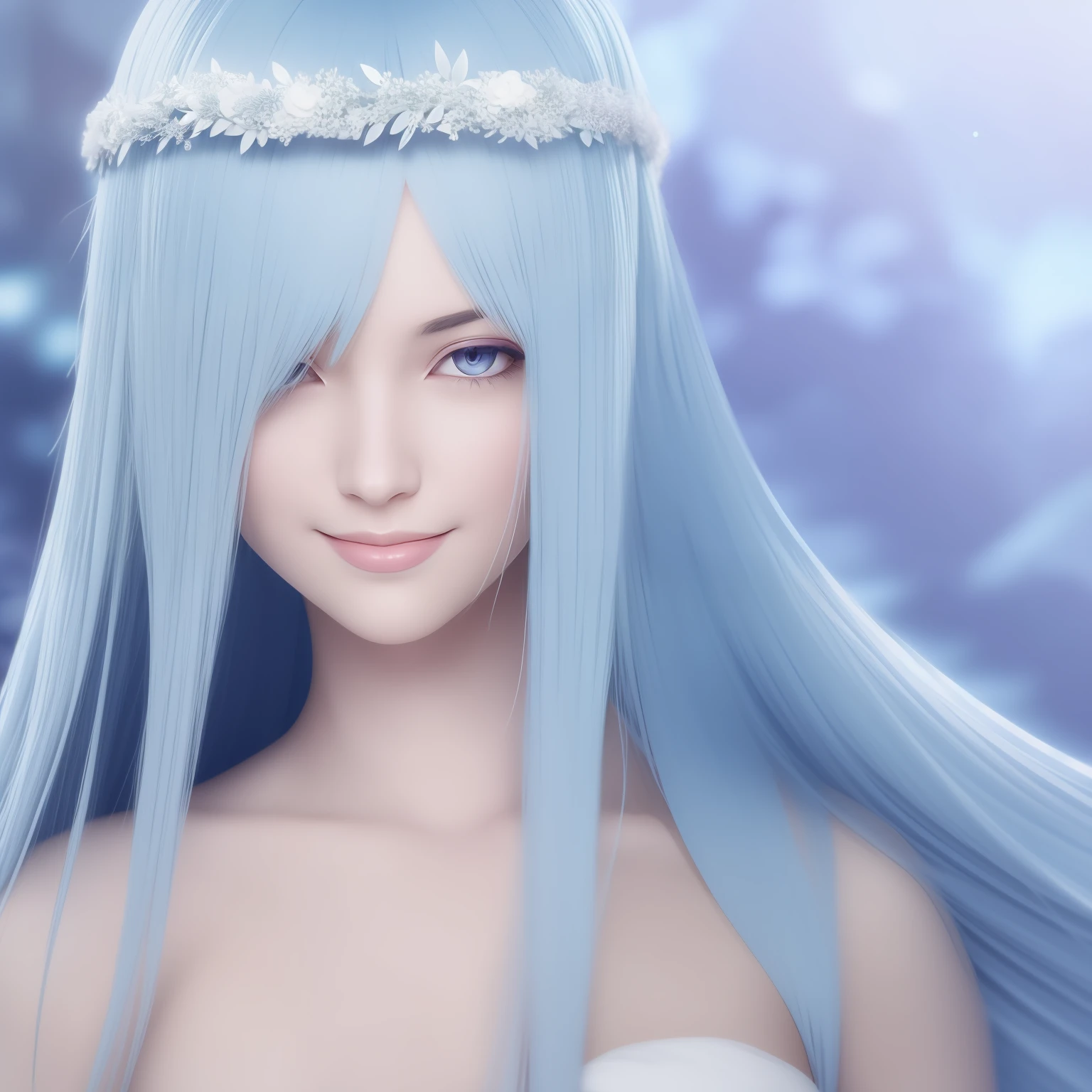 brynhildr lancer fgo,20 años de edad,novia,Puro,sonrisa deslumbrante,corona de laurel,vestido de novia blanco,posar tímidamente, cara bonita y redonda,alto,muy flaca,esbelto,pelo azul claro, El flequillo cruzado se inclina fuertemente hacia la derecha.,Cabello detallado