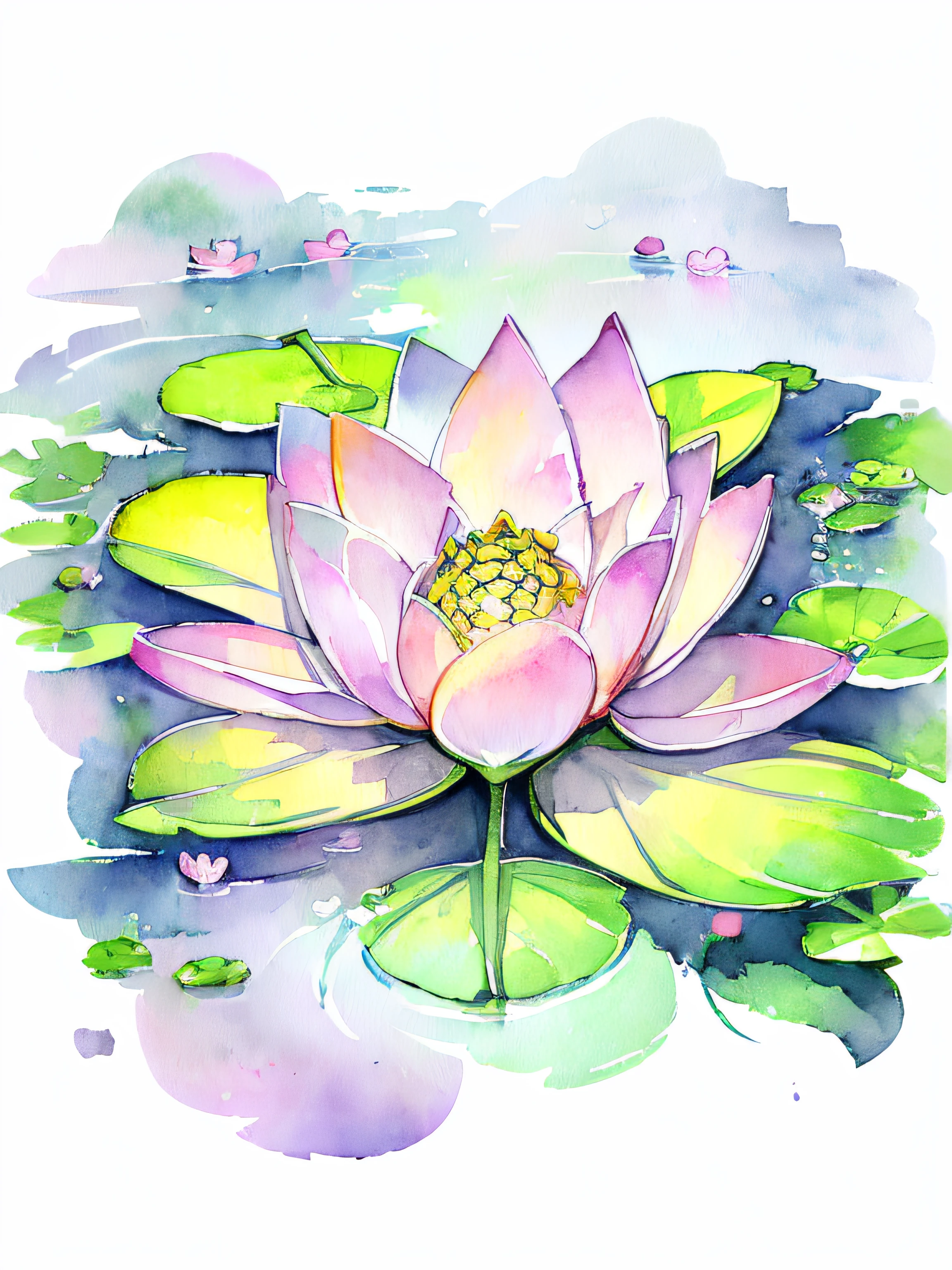 top view lotus flowers on the water surface, highly detailed render, concept art, depth of field, bokeh, octane render, sunny mystical atmosphere Elemental flowers, 32k, watercolor