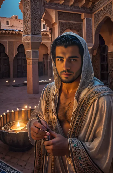 (portrait of moroccan guy), muscles, dimples, steamy, tearing off shirt, ripped holy jeans, sexy, alluring, gorgeous eyes, pubic...