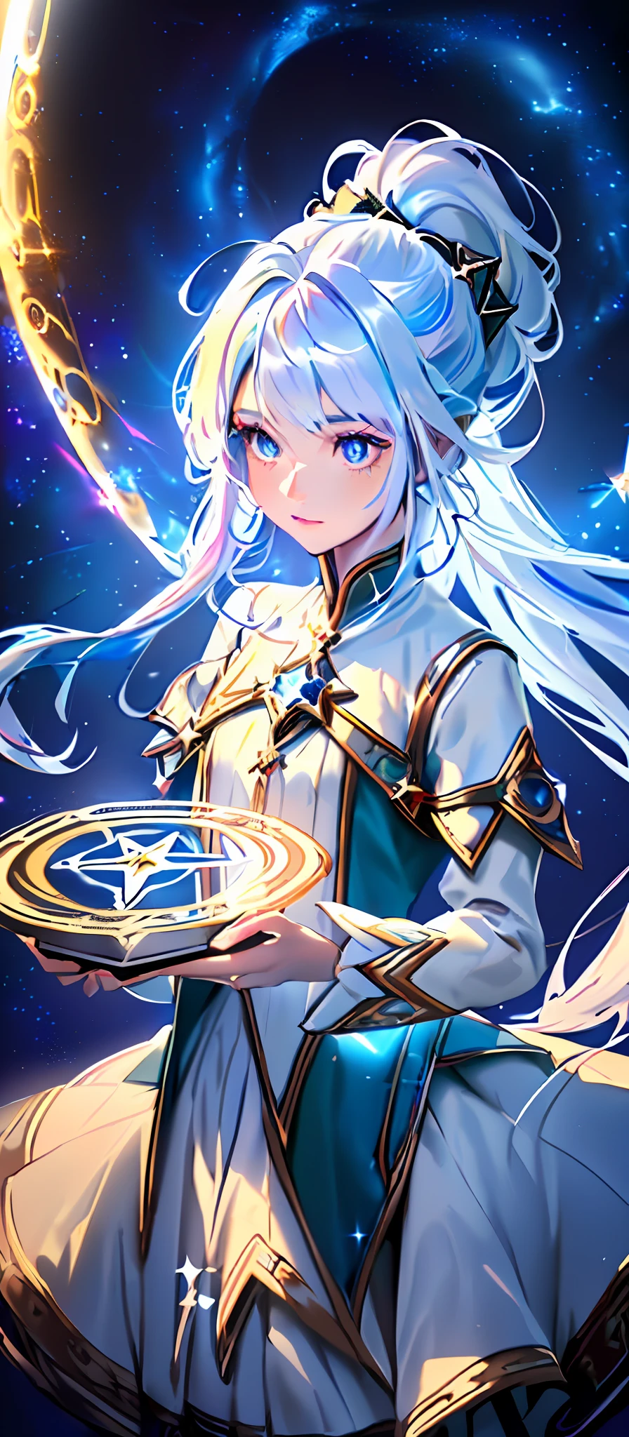 (Highest picture quality), Perfect face,(Master's work), (Ultra-detailed), 1girll,Solo ,mages,the wall,A magic book with light,((magical little girl)),((Magical Circle:1.2)),(White hair, Striped hair, Colored inner hair, Long hair,High ponytail), (ether colorful ink flowing:1.3), From below,(( Gorgeous starry sky background)),