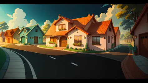 Give me a road cartoon background there are many house