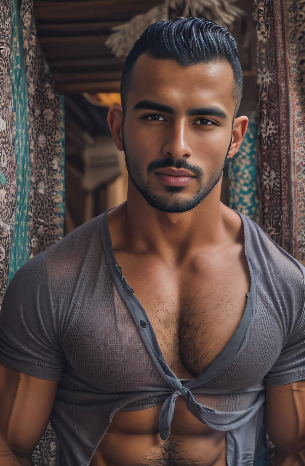 (Retrato de un chico marroquí), músculos, hoyuelos, lleno de vapor, arrancando la camisa, Vaqueros sagrados rotos, sexy, seductor, bonitos ojos, vello púbico, gran bulto, frotando la entrepierna,
