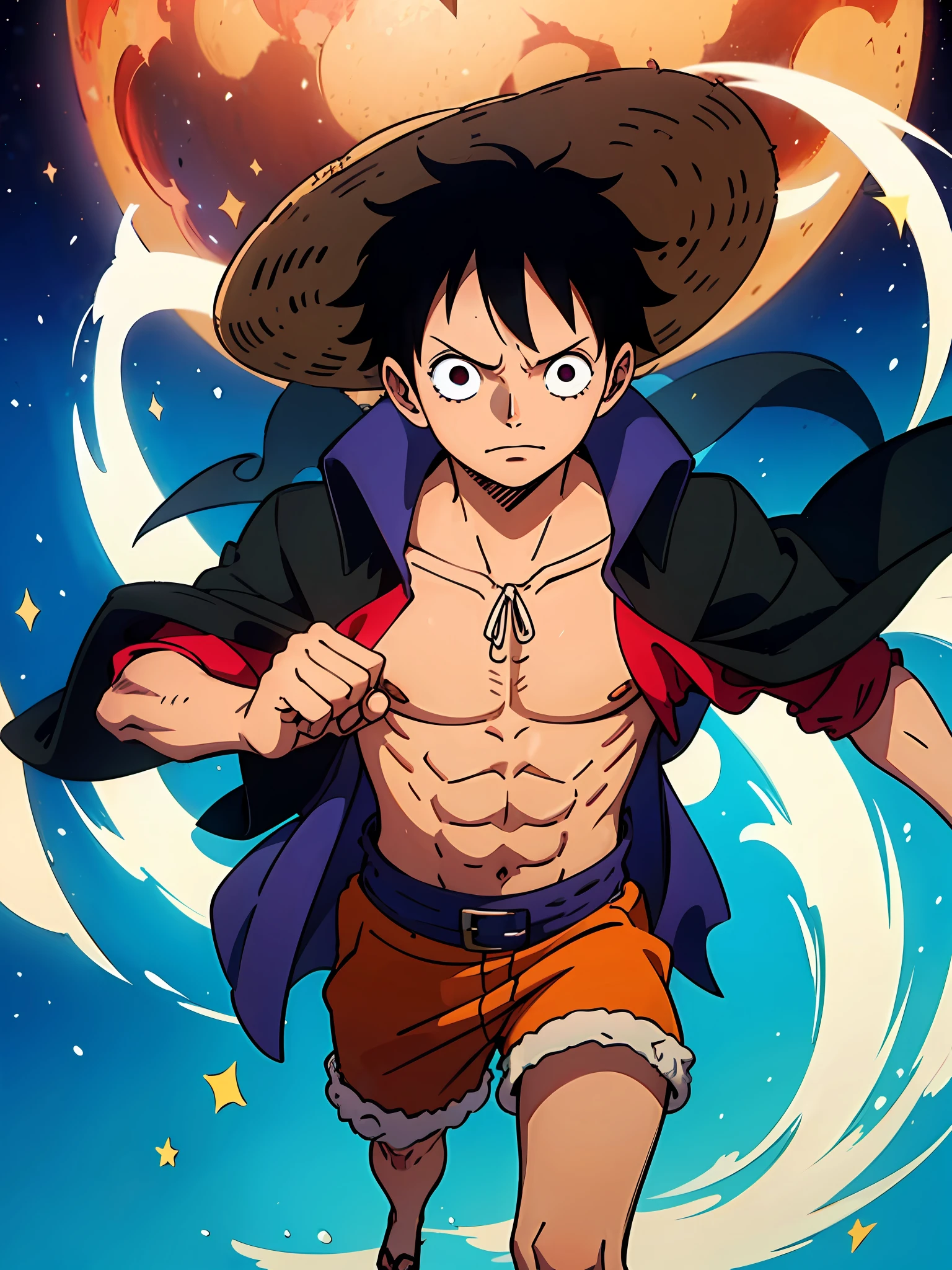 Anime character with straw hat and red open shirt, 1 menino, shorts pretos, olhos pretos, Black cape attached to the neck, solo rochoso, Luffy de One Piece, Estilo Eiichiro Oda, in the nighttime, luz baixa, Luz Natural, pose de luta, roupas danificadas, pele danificada, Sky background with red full moon, luz baixa, raios de luz, Aura poder, particle floating, olhos zangados, rosto irritado, chateado, olhando para frente, Foco masculino, strong muscles, Closed hands, dedos bem formados, (8k muito detalhado), (melhor qualidade), (melhores sombras).