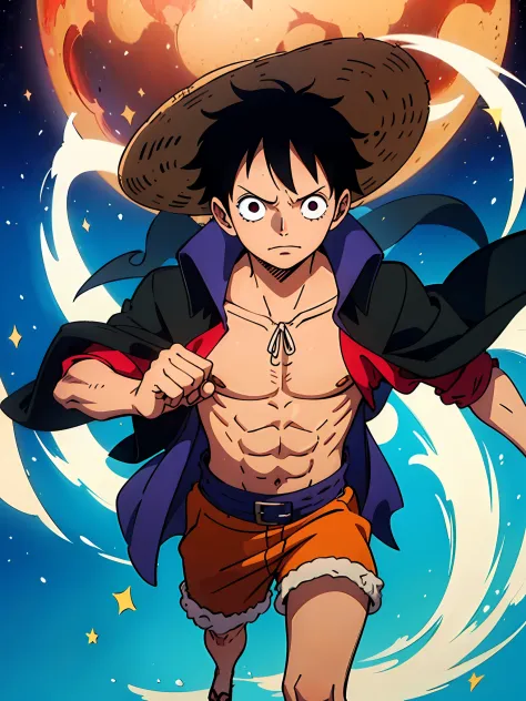 Anime character with straw hat and red open shirt, 1 menino, shorts pretos, olhos pretos, Black cape attached to the neck, solo ...