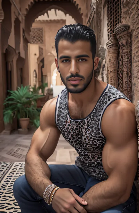 (Portrait of Moroccan guy), muscles, dimples, steamy, tearing off shirt, ripped holy jeans, sexy, alluring, gorgeous eyes, pubic...