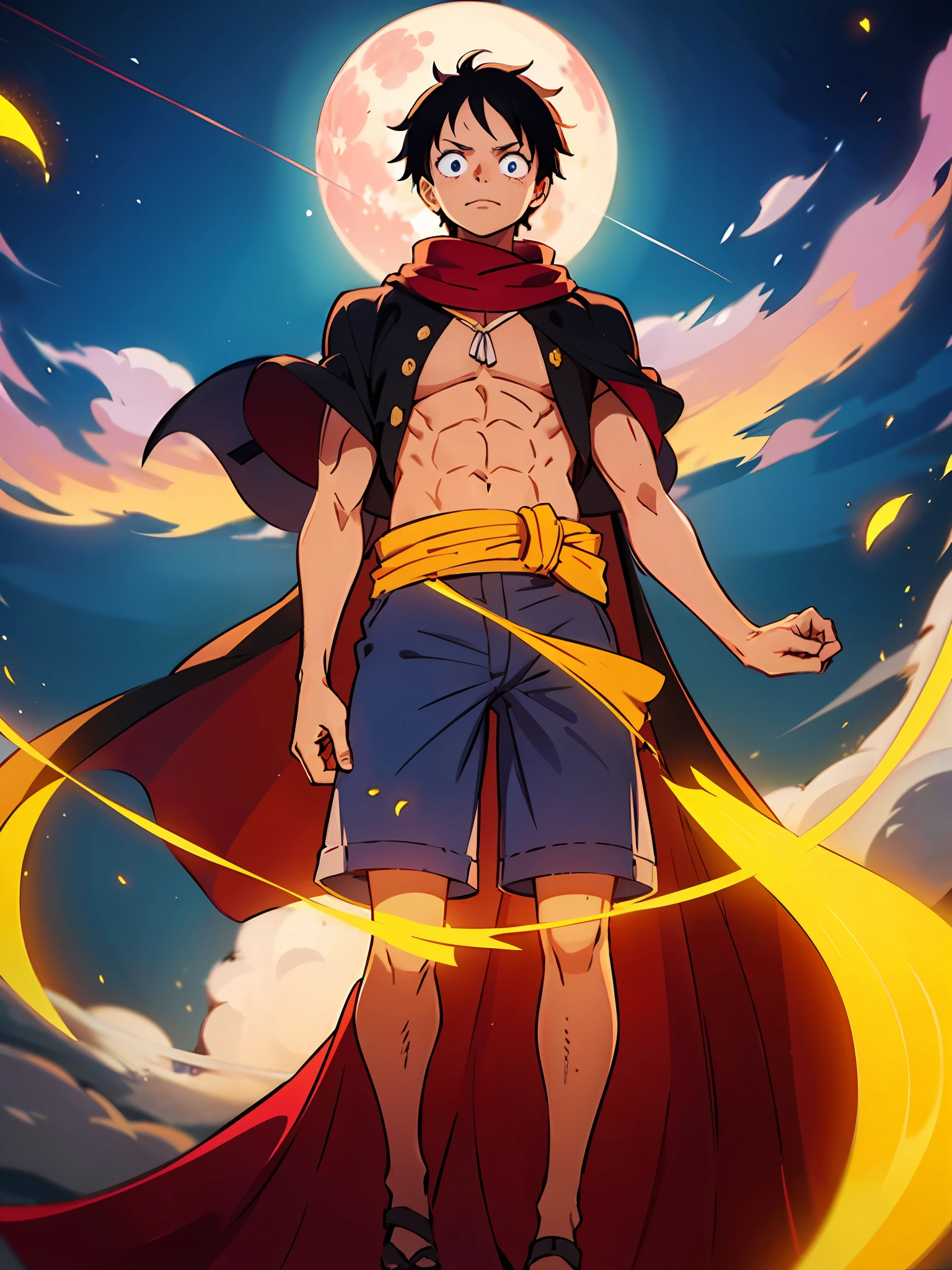 Anime-Figur, die auf felsigem Boden steht, Strohhut und rotes offenes Hemd, gelber Schal in der Taille, 1 , schwarze, kurze Hosen, schwarze Augen, Schwarzer Umhang am Hals befestigt, Ruffy aus One Piece, Eiichiro Oda-Stil, in der Nacht, gedimmtes Licht, Natürliches Licht, Kampfpose, beschädigte Kleidung, geschädigte Haut, Himmelshintergrund mit rotem Vollmond, gedimmtes Licht, Lichtstrahlen, Aura-Kraft, Partikel schweben, wütende Augen, wütendes Gesicht, verärgern, Vorausschauen, männlicher Fokus, starke Muskeln, geschlossene Hände, wohlgeformte Finger, (8k sehr detailliert), (Bessere Qualität), (beste Schatten).