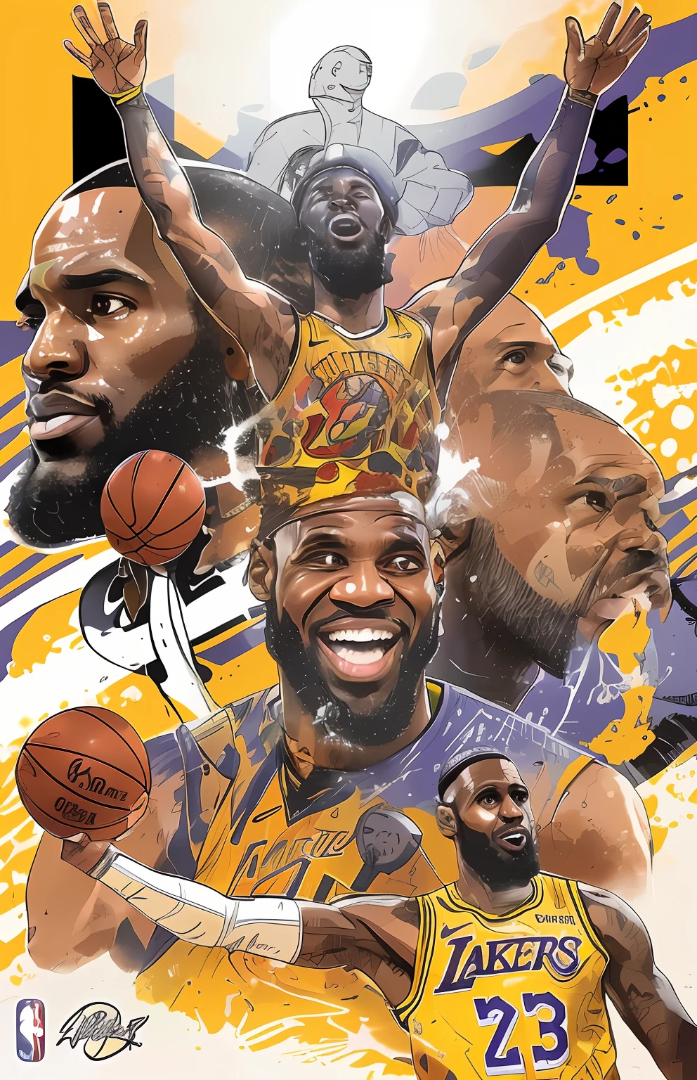 "An illustration depicting a basketball player wearing a crown on his head，Portrait of LeBron James，Highly detailed fanart，NBA Finals winning illustration，LeBron James art cover illustration，official print，Lakers fan art，Official artwork depicted in detail，hyper detailed illustration，Full art style，A posterized work with a sense of art。"