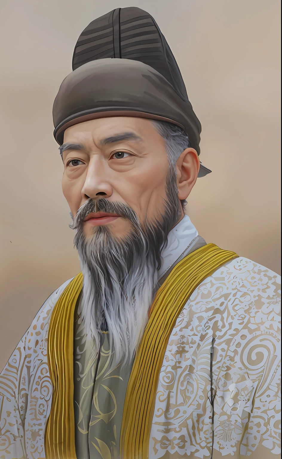 Draw an old man with a beard and a hat, inspired by Wu Bin, inspired by Dong Yuan, inspired by Wu Daozi, Inspired by Hu Zaobin, inspired by Xuande Emperor, inspired by Hu Zao, Inspired by Guo Xi, do hoang tuong artwork, Inspired by Cao Zhibai, Inspired by Seki Dosheng