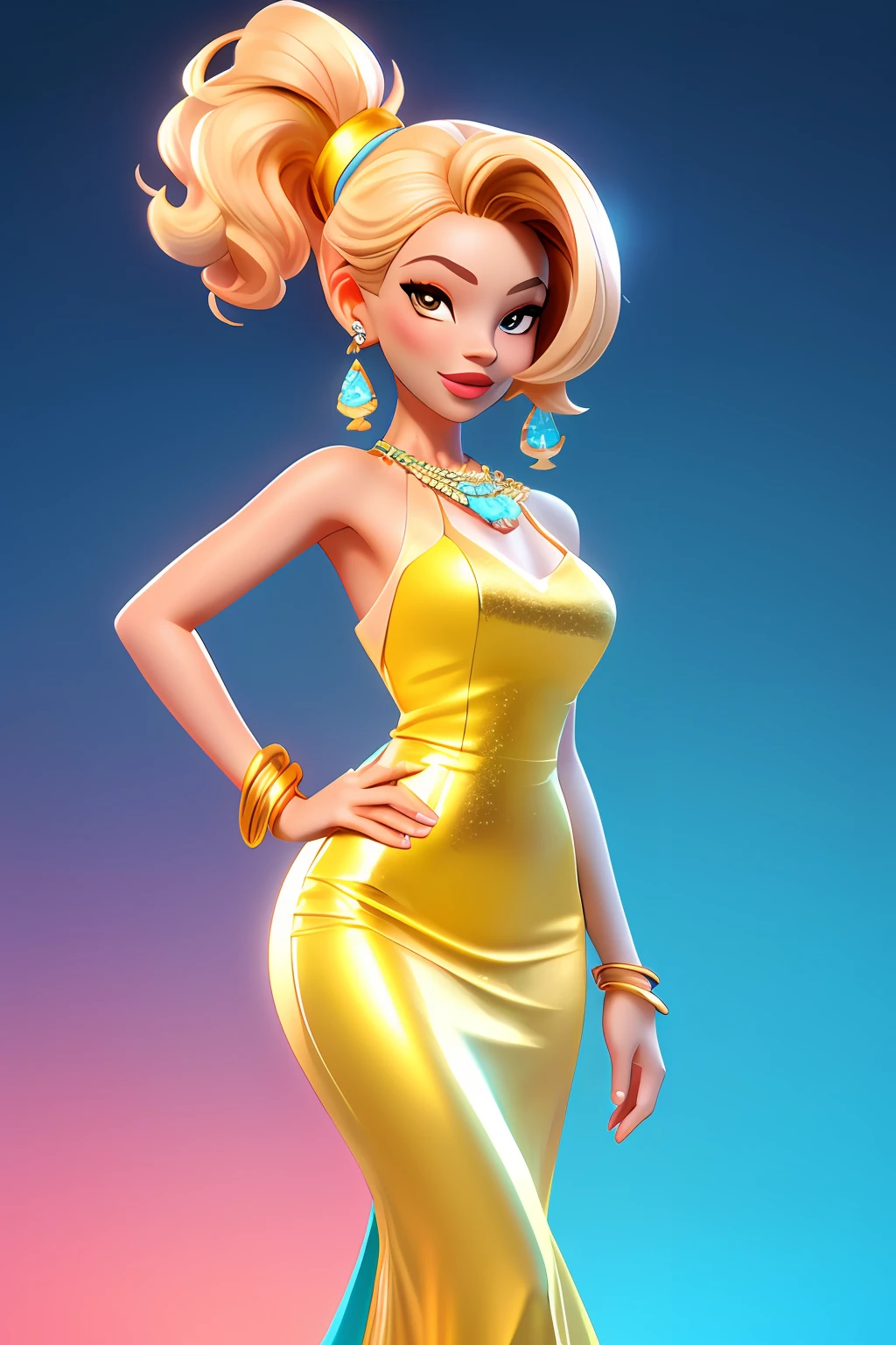 3dcharacter,Golden scale evening dress,(full bodyesbian:1.2),Simple background, Masterpiece,Best quality,(Light sky blue gradient background:1.1), jewelry ,necklace ,bangle ,Earrings , half up, The bottom half