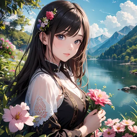 （Close-up of the painting style，8k ultra high definition，Masterpiece grade vista CG wallpaper），Beautiful skyline，Magnificent sky，美丽细致的眼睛，cute girly，Perfect slim body，shift dresses，Pure eyes，The skin is smooth like a baby，Stand on a high mountain and look a...