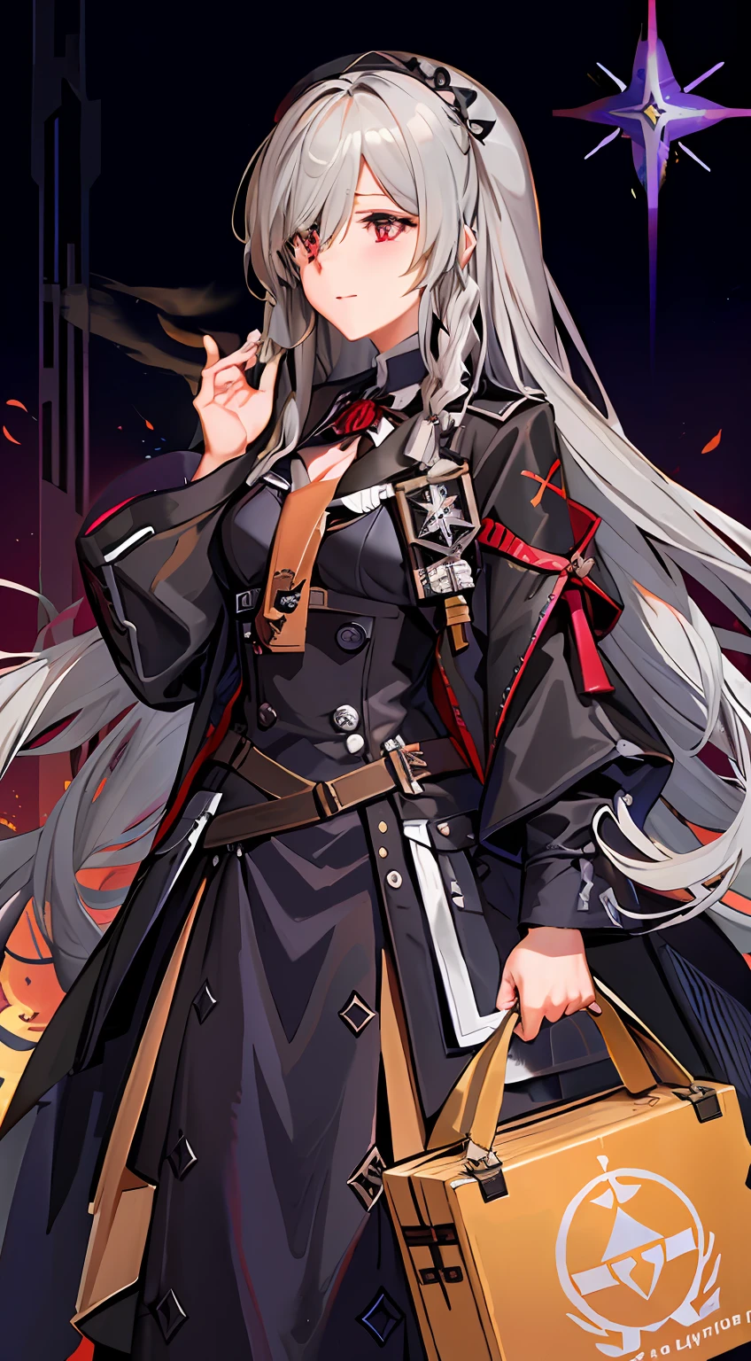 Anime-Figuren mit langen weißen Haaren und braunen Taschen, Mädchen Frontline Stil, von Mädchenfrontline, Feine Details. Mädchen vorne, Mädchen Frontline Universum, von Arknights, Mädchen vorne, Mädchen Frontline CG, Kantai-Kollektionsstil, azur lane style, Porträt Gapmoe Yandere Grimdark,  Onmyoji-Porträt, astri lohne