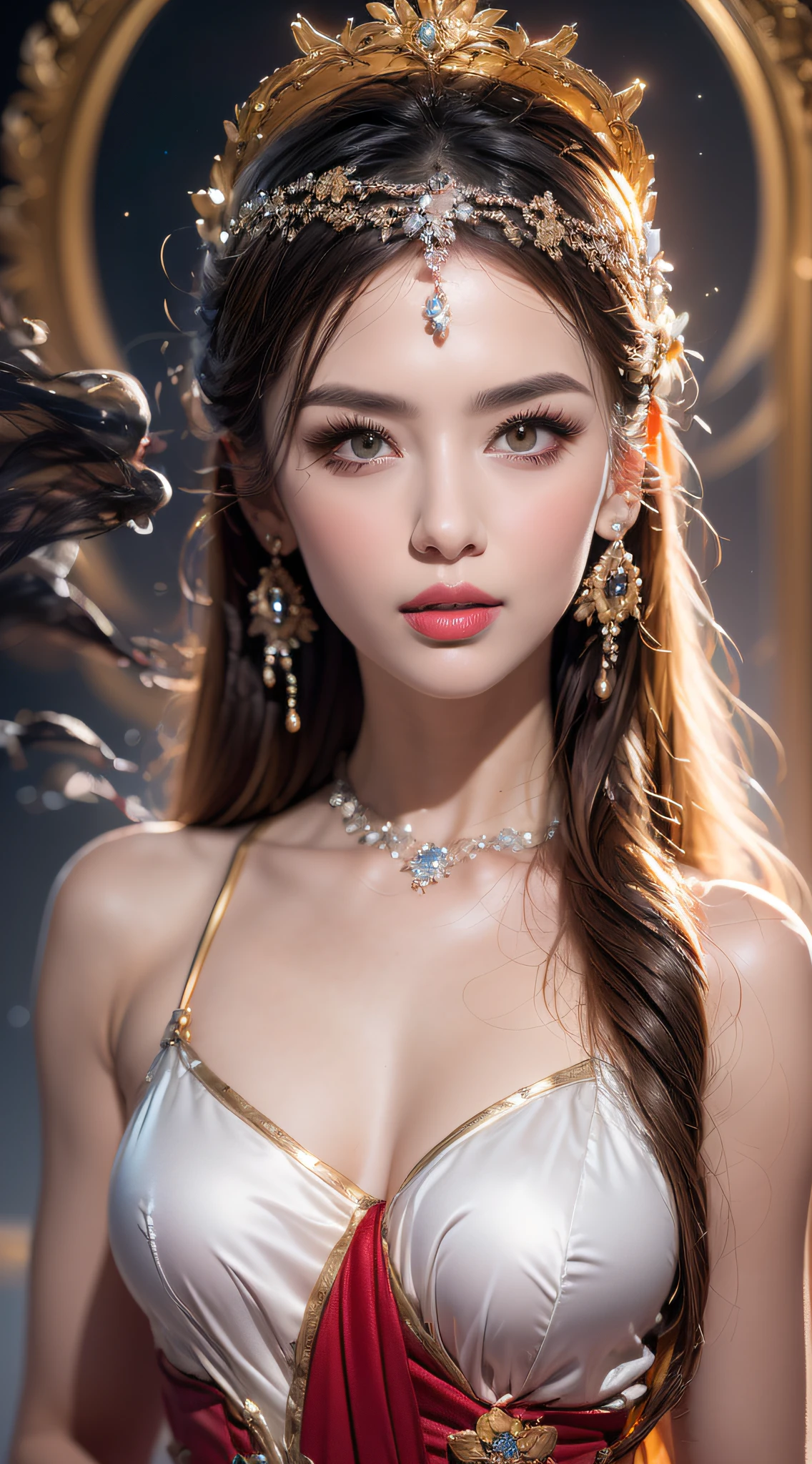 A lustful beautiful saint is fucking, showing off her topless breasts, her beautiful face is flawless, ((Natural smile:1.0)), ((flat bangs:1.2)), (((long hair)) : platinum:0.8 ))) big crown, hair brooch, hanfu skirt, fanciful hanfu style, full body jewelry, forehead tattoo, super flat chest, woman face, face makeup fine delicate, beautiful face, (((including porcelain teeth: 0.8), most beautiful and detailed light red lipstick, huge breasts, super round and balanced, (((Full and thin lips: 0.3) )), ((Yellow eye color: 1,2), Detailed and delicate lighting effects, light and dark, light impression, magical light, detailed light, true color, super sharp, realistic, quality 8k volume, fanciful cosmic background, saintess and fanciful space, the most detailed image, ((Solo:0.3)), ((holy goddess:0.6)), (( look at). straight to the body top of saintess:0.4)), upper body, ((smooth skin:0.5)), ((solo:1.3)), ((( alone girl : 1.3)), saint portrait, short photo, Full body portrait, (((open mouth:0.6))), Digital reality, ((fanky red smoke effect:1.2)),