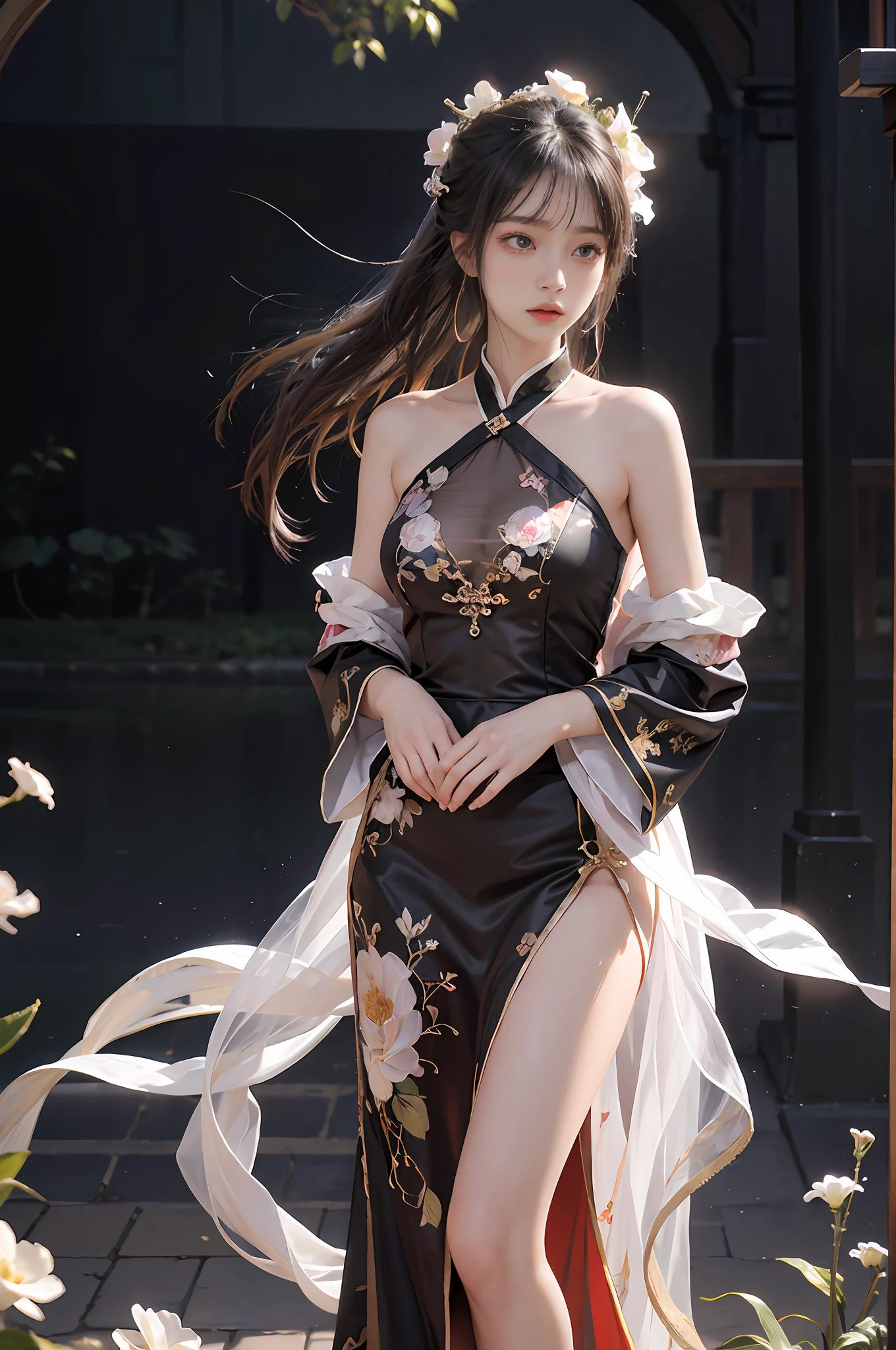 Zhong Fenghua， 1girll， （full bodyesbian） solo， Hanfu， flower  field， blossom flower， （Black smoke：1.4） （realisticlying：1.5）， datura， entangled， offcial art， Unity 8k Wallpaper， ultra - detailed， Beautiful and beautiful， tmasterpiece，best qualtiy， （dynamic angle：1.4）， （Realistic：1.5），（Real human photos；1.5），（Bigboobs：1.2），（Liuhai hairstyle：1.5）（Shoulders exposed：1.2），Glowing skin， （Floating colorful flashes：1.2），The most beautiful classical form，（ellegance：1.2），Fauvistdesign，vivd colour，Romanticism Depth of Field，