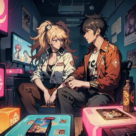 Junko and zhongli playing video games together in a room full of 80s style anime and posters in neon tones with video game contr...