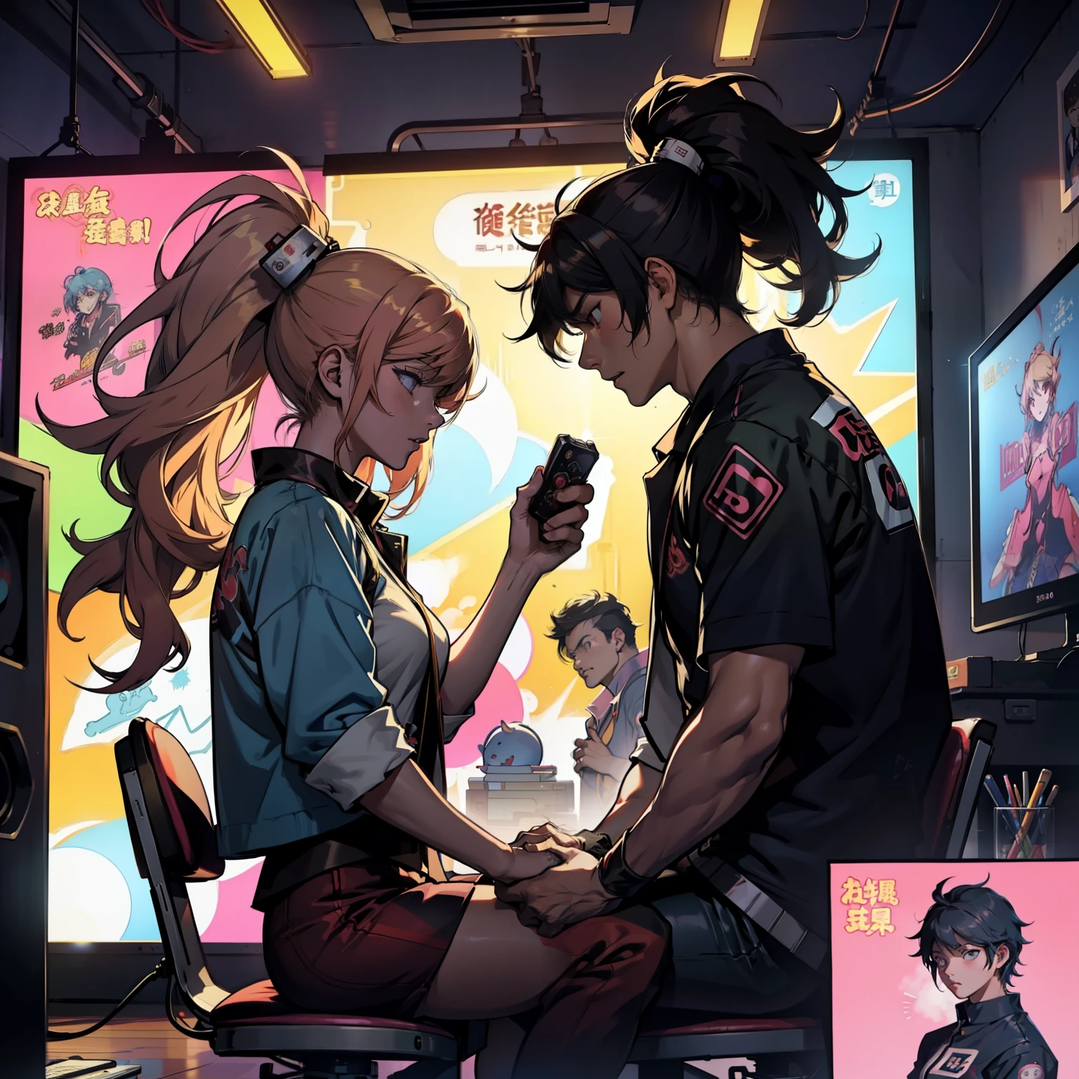 Junko and zhongli playing video games together in a room full of 80s style anime and posters in neon tones with video game controllers in their hands and enjoying