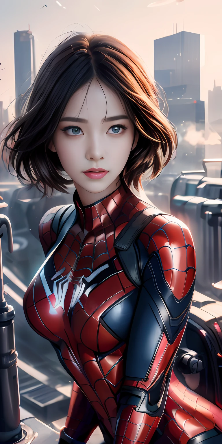 (1girl:1.3), Solo, (((Very detailed face)))), ((Very detailed eyes and face)))), Beautiful detail eyes, Body parts__, Official art, Unified 8k wallpaper, Super detailed, beautiful and beautiful, beautiful, masterpiece, best quality, original, masterpiece, super fine photo, best quality, super high resolution, realistic realism, sunlight, full body portrait, amazing beauty, dynamic pose, delicate face, vibrant eyes, (from the front), She wears Spider-Man suit, red and black color scheme, spider, very detailed city roof background, rooftop, overlooking the city, detailed face, detailed complex busy background, messy, gorgeous, milky white, highly detailed skin, realistic skin details, visible pores, clear focus, volumetric fog, 8k uhd, DSLR, high quality, film grain, fair skin, photo realism, lomography, futuristic dystopian megalopolis, translucent