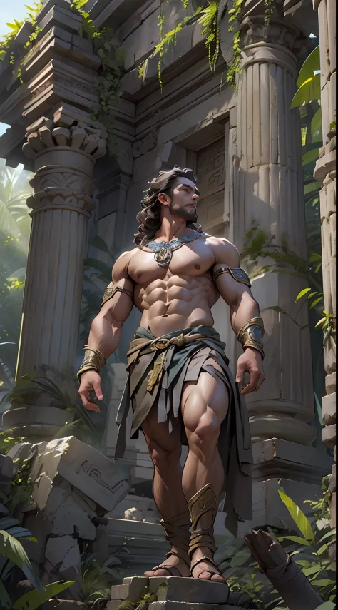 Sculpted warrior, exposed upper torso, legs bared from thighs to feet, flowing long curls, intricate muscular details, photoreal...