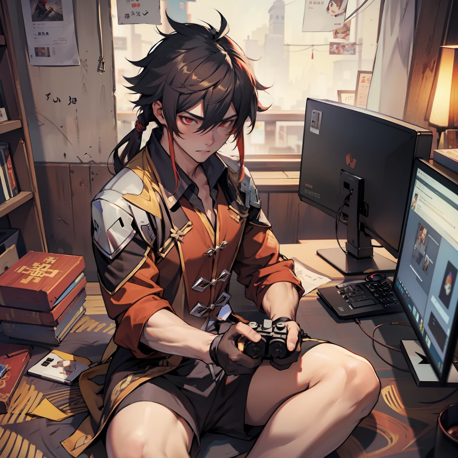 zhongli playing video games, red eyes