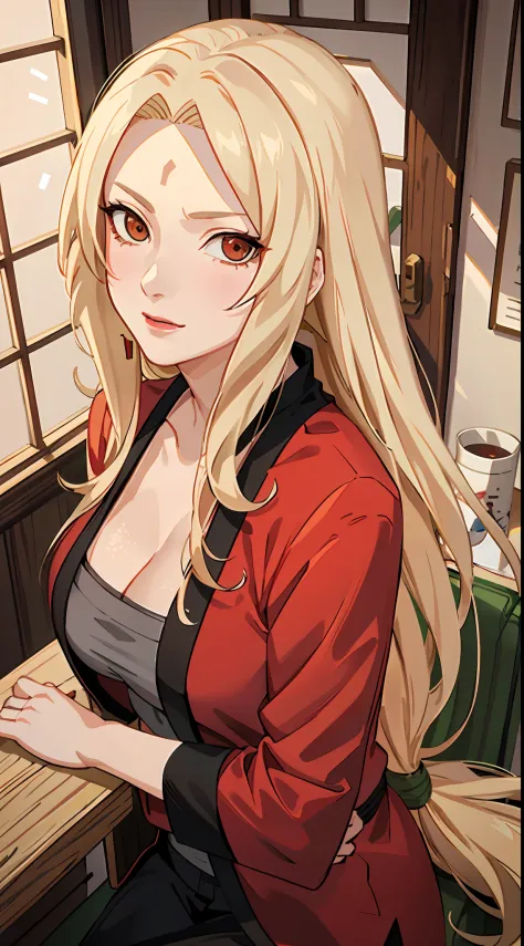 Tsunade，is shy，one-girl，Top-down view，Front view，blond hairbl，long whitr hair，with brown eye，Red lips，lipsticks，pub，ssmile，Be re...