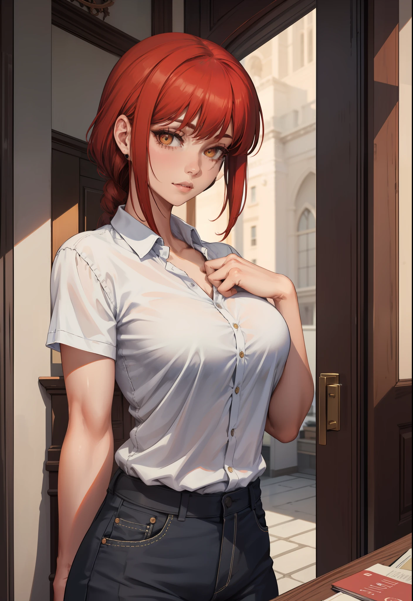 (Masterpiece, Best Quality: 1.2), Alone, 1girl, Red hair, yellow eyes, Running away,, Unbuttoned shirt with collar, On the chest, A lot, unbuttoned black pants, Wide hips, big 