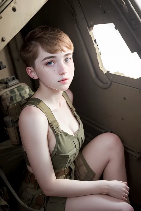 Highest quality, (dramatic lighting:0.7), masterpiece, high angle shot, RAW photo of (pale 21 year old woman with short hair, looking up at the viewer), cute, (wearing Tattered combat fatigues, Disheveled), (sitting inside a tank), portrait, perfect face, ...
