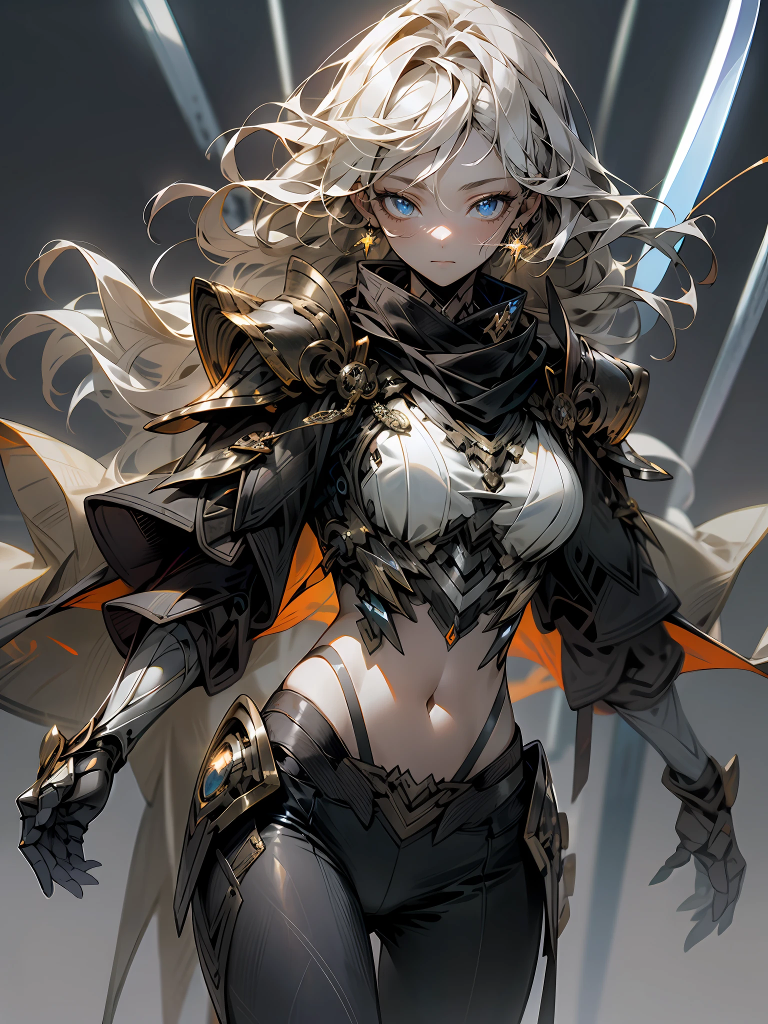 1girll, Gray sand desert, Sunset, Large breasts, Solo, Black Knight Armor, Lightning aura, Black sword, Long hair, Wavy hair, Floating hair, navel, Blue eyes, Focus, jewelry, view the viewer, Earrings, Blonde hair, standing, Light of light and shadow, Battle effect background, Warrior Gilm, intricate outfits, Hair ornaments, Sparkling eyes, Energy particles, Fighting stance, Thunder, ((Thunder Sword)), Glowing eyes, Body ignition,
