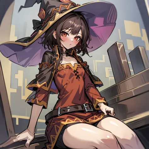 (Megumin),short hair,1 girl,​masterpiece,small tits,(top-quality),sitting on,Big witch's hat,(High Details),