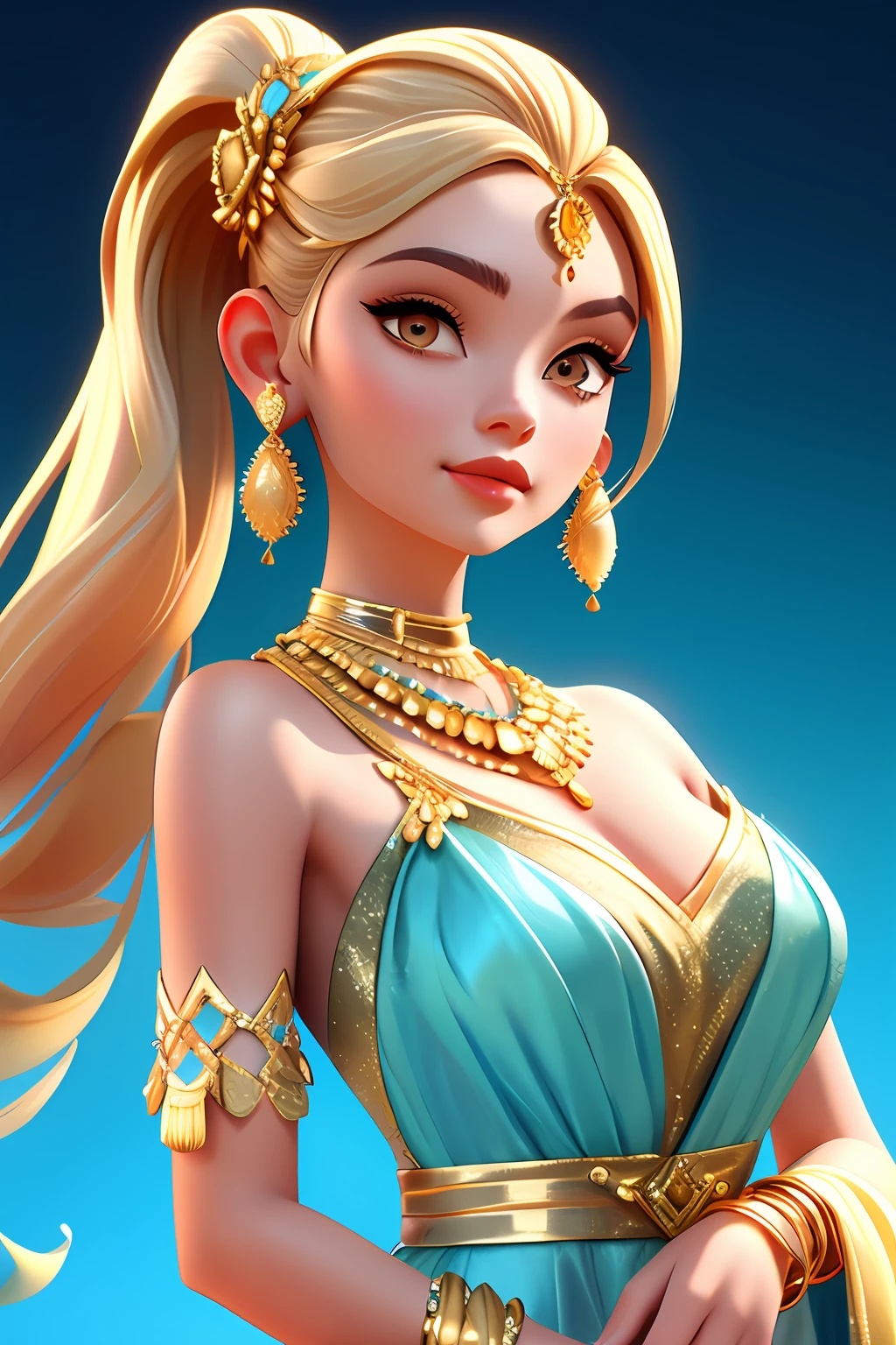 3dcharacter,Gold scales evening dress,，closeup of face，Simple background, Masterpiece,Best quality,(Light sky blue gradient background:1.1), jewelry ,necklace ,bangle ,Earrings , half up, The bottom half