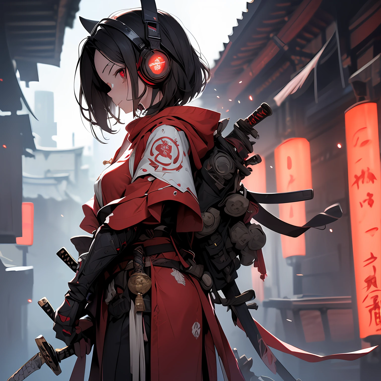 Create an AI illustration of a young girl with black short hair,shiny hair,colored inner hair,floating hair, red eyes, eyepatch, and headphones. She resembles a samurai, She wears Japanese armor and shrine maiden , showcasing her unique style. Please generate the illustration in the highest quality possible.face focus,a girl, head shot, oblique view view,facial profile, hyper detailed、intricate detailed