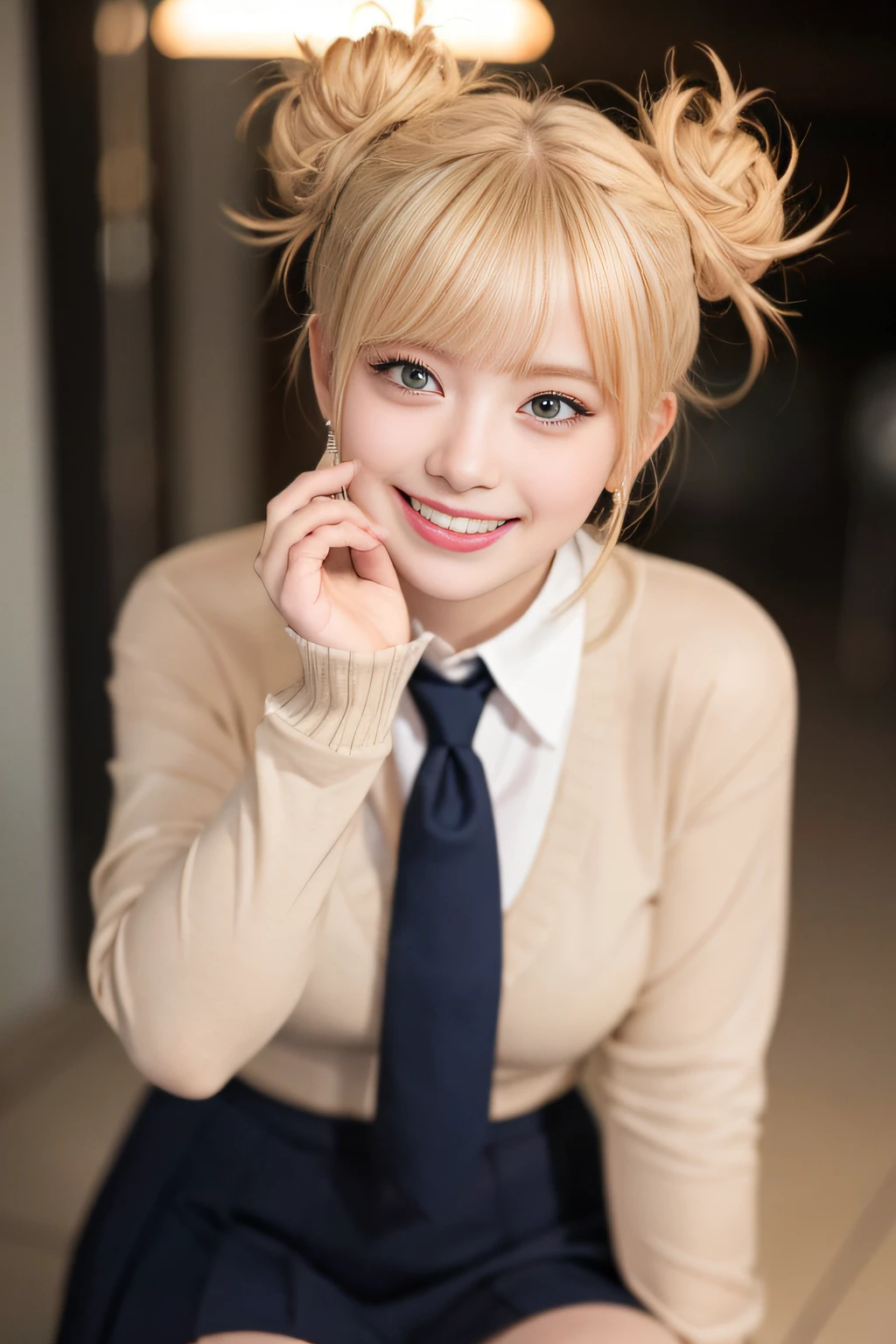 （（a blond、Himiko Toga、Dark eye shadow、Dark eyeliner、Patsun、Twin-tailed、Bun head、tthin eyebrows、Crazy smile、red blush、double tooth、Yellow Colorcon、Office Lady、Black Recruit Suit、white  shirt、Black tight skirt、Black stockings、high-heels））、、NSFW、8k、RAW Photography:1.2、（top-quality:1.4、hight resolution:1.4、​masterpiece:1.4）、Best Illustration、hyper realisitic:1.4、1girl、realisitic、The ultra-detailliert、Photorealsitic:1.4、incredibly absurdness、ulzzang -6500-v1.1:0.33、beautiful_mistake-6500:0.66、PureErosFace_v1:0.5、a closeup、Floating hair、Soft light、Cinema Lights、Film Grain、full bodyesbian、depth of fields、blurry backround、bokeh dof:1.4、eyes focus、pov、85mmレンズ、F/1.4、professionally lit、lensflare、Luminous particles:0.6、Professional Writing、portlate:0.6、Photon Mapping、Radio City、physically-based renderingt、Transparency、a japanese girl、sexual excitement:1.5、lifelike face、Realistic body、real looking skin、huge-breasted:1.3、well-styled、camel's toe、light skinned:1.1、（Floating Hair NovaFrog Style、Hairstyles tailored to Japan trends in 2023、A dark-haired、cute little:1.5）