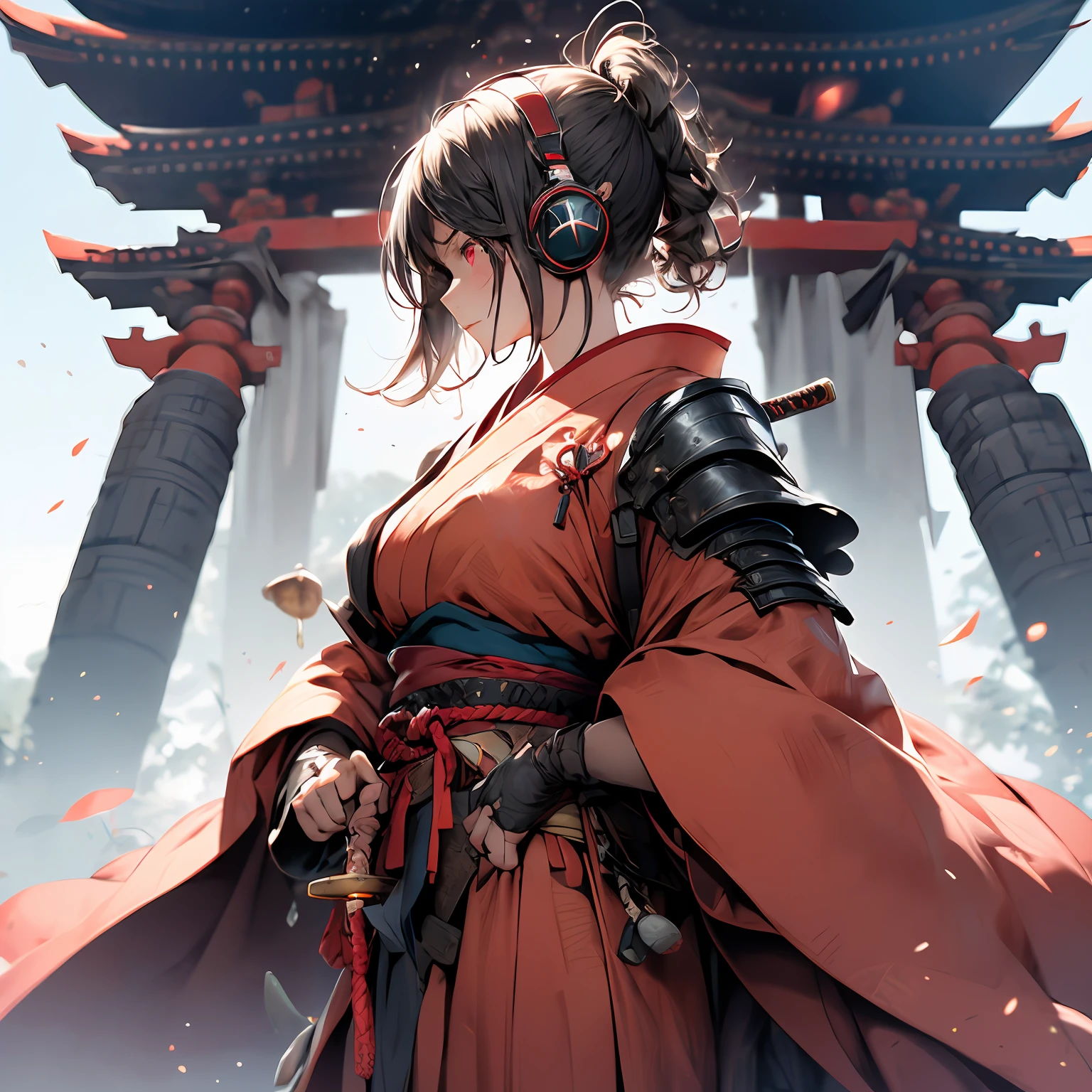 Create an AI illustration of a young girl with black short hair,shiny hair,colored inner hair,floating hair, red eyes, eyepatch, and headphones. She resembles a samurai, She wears Japanese armor and shrine maiden , showcasing her unique style. Please generate the illustration in the highest quality possible.face focus,a girl, head shot, oblique view view,facial profile, hyper detailed、intricate detailed