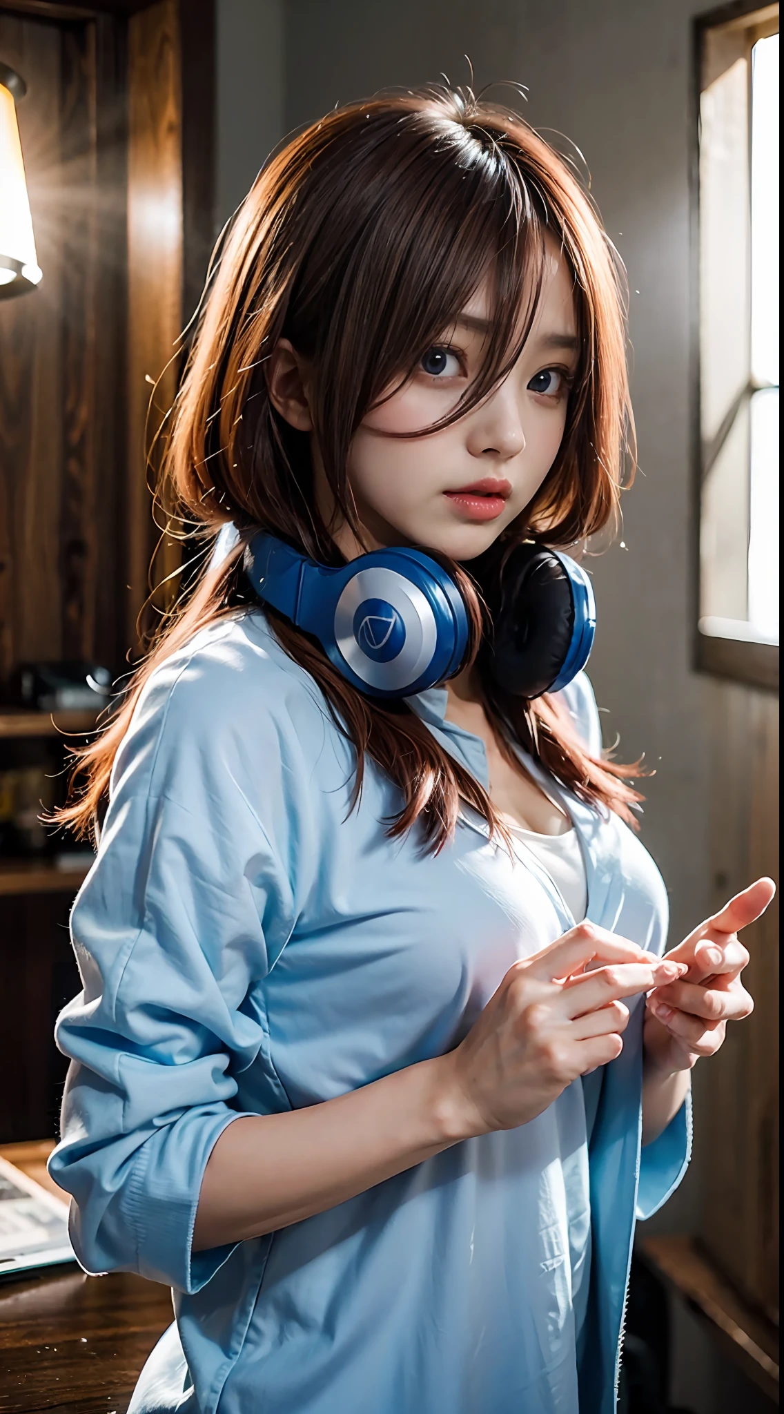 （（dressed casually、Long、Long bangs、red hair、eBlue eyes、Colorcon、Blue headphones around the neck））、（NSFW、8K、RAW photography、top-quality:1.4、A high resolution:1.4、tmasterpiece:1.4）、（hyper realisitc:1.4）、1girll、hentail realism、The ultra-detailliert、Photorealsitic:1.4、unbelievable Ridiculous、ulzang-6500-v1.1:0.33、closeup cleavage、Floating hair、Soft light、Cinema lights、filmgrain、full bodyesbian、depth of fields、blurred back、bokeh dof:1.4、eyes focus、angle of view、85mmレンズ、f/1.4、profesional lighting、lense flares、Luminous Particle:0.6、Professional Writing、porate:0.6、photon maping、Radio City、physically-based renderingt、Transparency、one-girl、well-styled、light-skinned:1.1、adolable:1.5