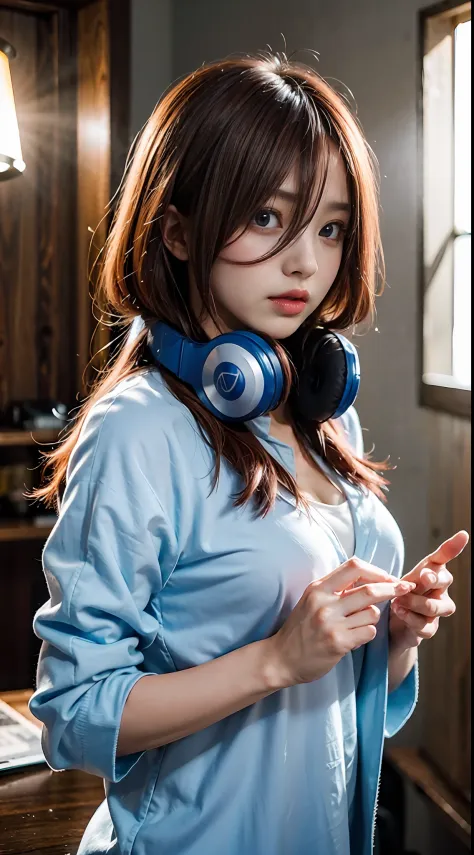 （（dressed casually、Long、Long bangs、red hair、eBlue eyes、Colorcon、Blue headphones around the neck））、（NSFW、8K、RAW photography、top-q...