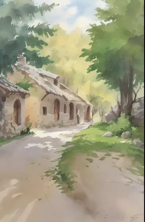 Pintura de realista, Small path of Spanish rural house, trees, sol brillante, sombra,
