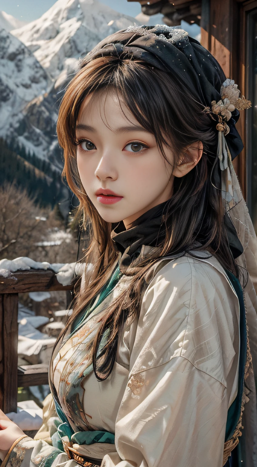 snow mountains，ln the forest，hillside，Quiet，Rustic，High-definition detail、hyper-detailing、cinematic ligh、ultra-realistic realism、Soft light、Deep field focus bokeh、Hanfu，hijabi sluty