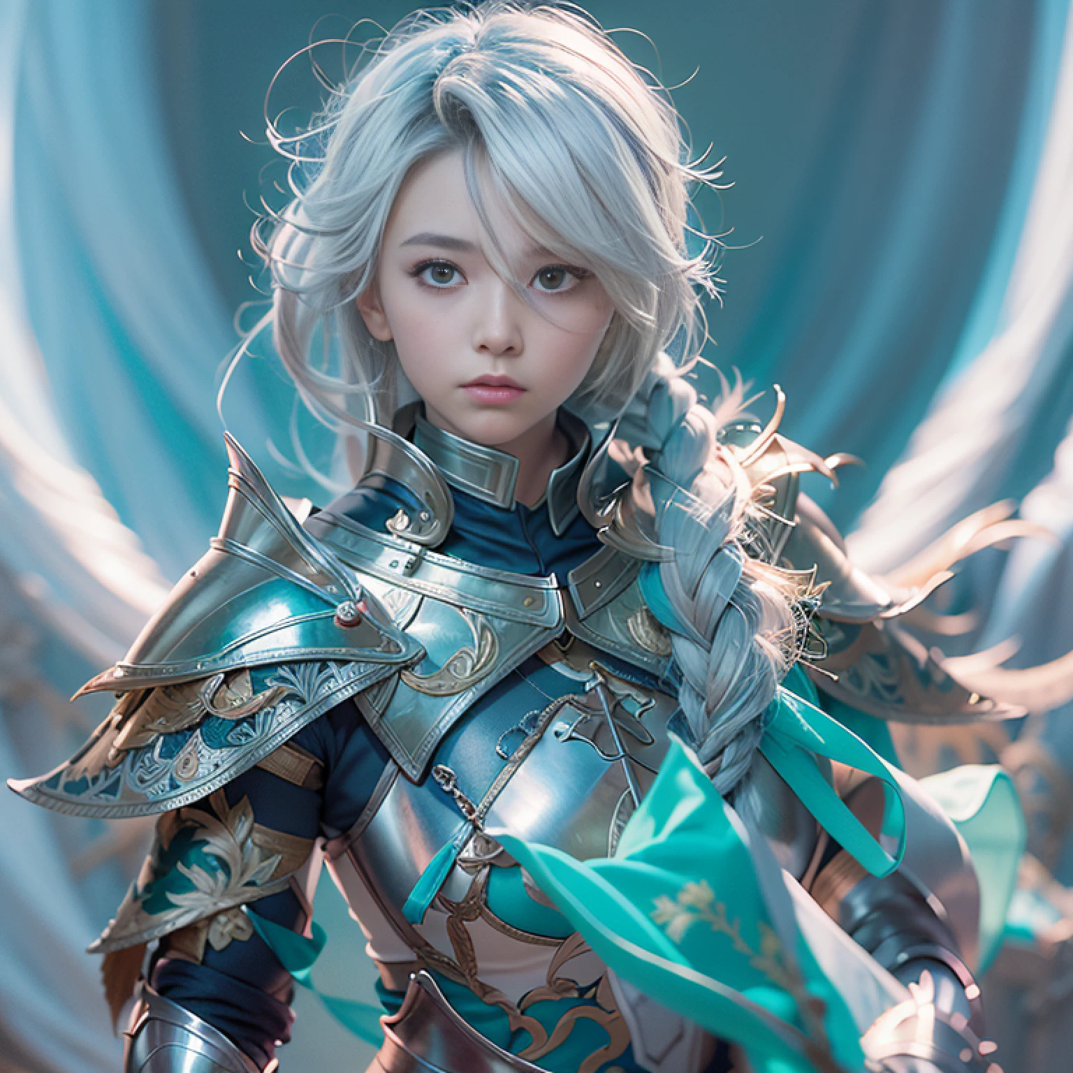 cavalier, Mighty, Silver hair, Reflectors, entire body image, hasselblatt, shadowing, in a panoramic view, A high resolution, hyper HD, move chart, Atmospheric perspective, Cinematic lighting, Masterpiece, ccurate, Textured skin, Textured skin，French braids，Ji Shifa ，Neat glyph bangs，Turquoise blue armor，in a panoramic view