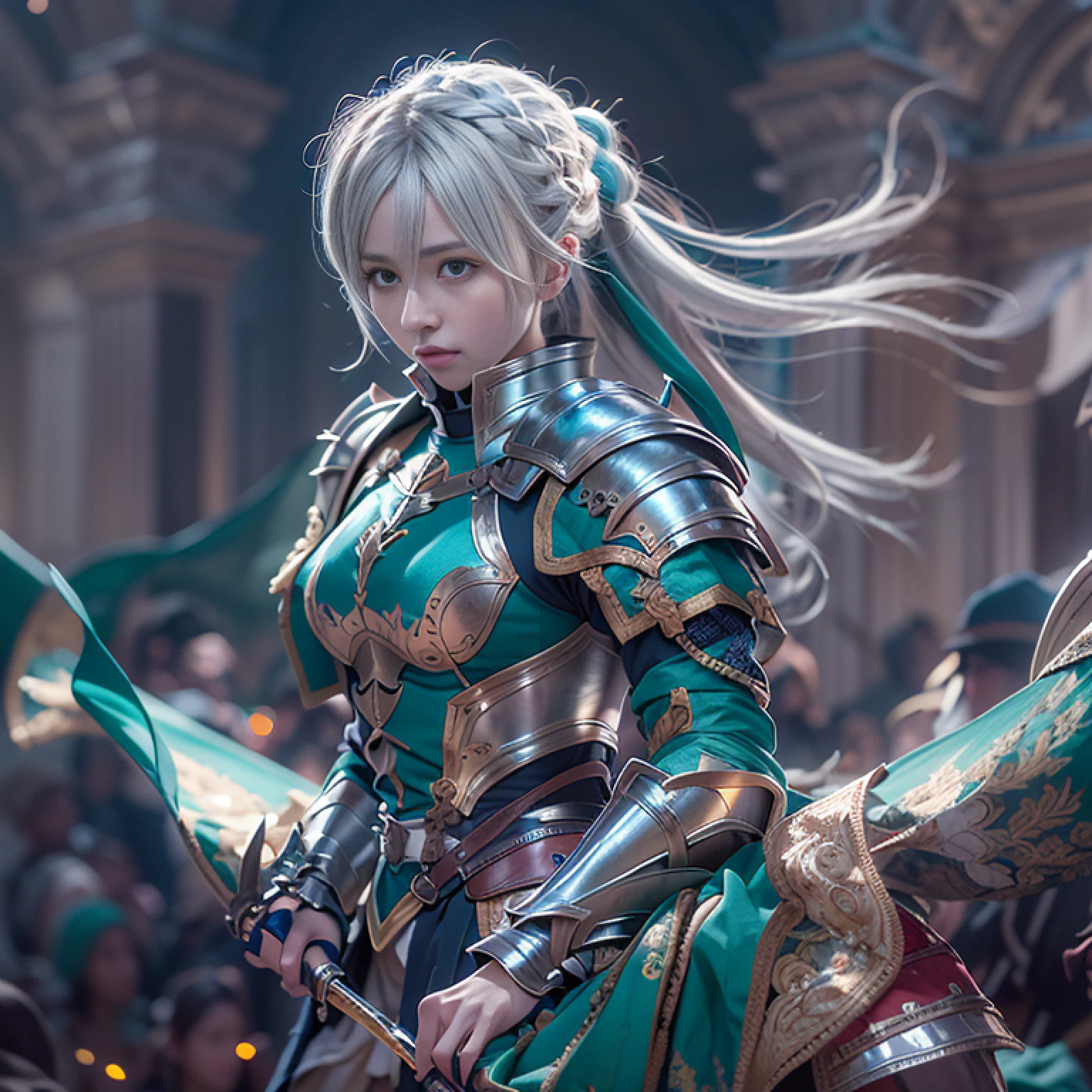 cavalier, Mighty, Silver hair, Reflectors, entire body image, hasselblatt, shadowing, in a panoramic view, A high resolution, hyper HD, move chart, Atmospheric perspective, Cinematic lighting, Masterpiece, ccurate, Textured skin, Textured skin，French braids，Ji Shifa ，Neat glyph bangs，Turquoise blue armor，in a panoramic view