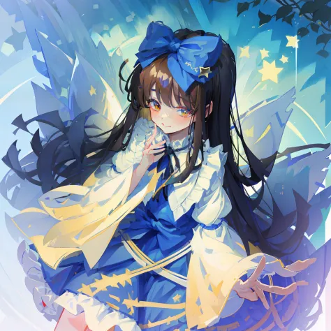 star sapphire touhou long hair black hair hime cut blue hair bow blue dress with star standing wings, tatara kogasa, heterochrom...