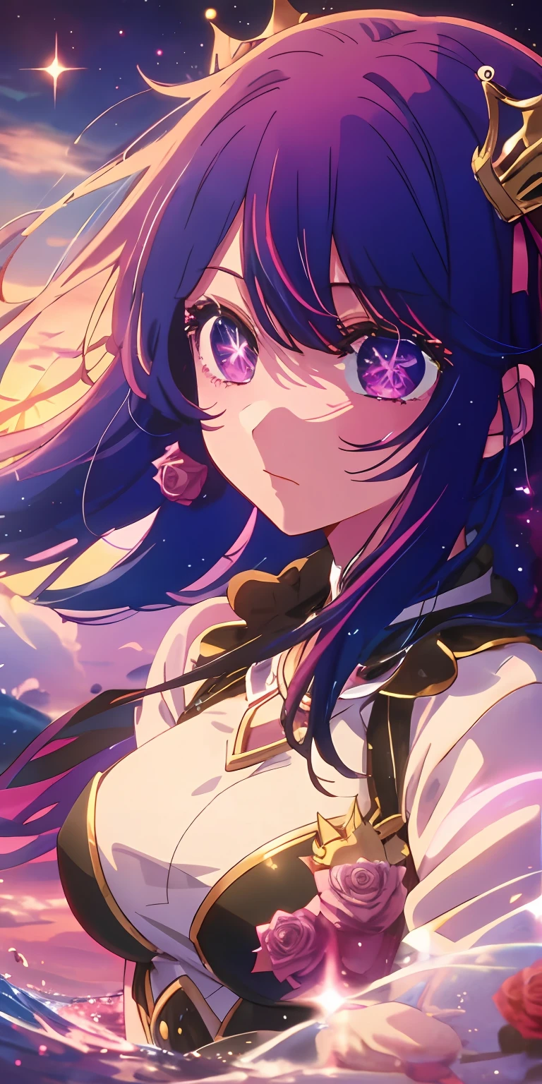 best quality, masterpiece, 2d, masterpiece, best quality, anime, highly detailed, cowboy shot, Pink moon, pink sky, soft pink clouds, pink ocean waves sparkling, sparkling, pink roses on pink ocean, fantasy, diamond, crown, universe, soft lights,1 girl floating, ((purple hair)), star shaped eyes, symbol eyes, star eyes, medium breast, 8k, close up