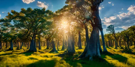 field of many trees intertwined in the trunks,amazing sky,level 15,rocky surface,(photorealistic), [sharp focus], (hdr), (8k), (...