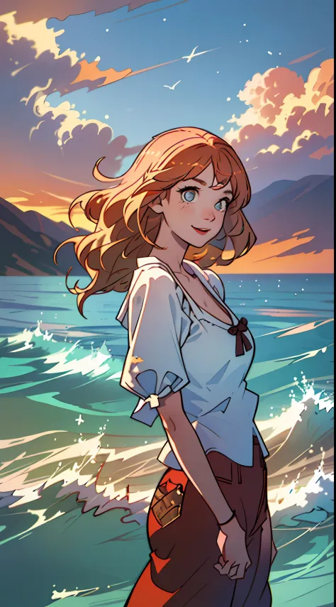 （Best quality at best，tmasterpiece），1girl，gigantic cleavage breasts，Hands behind your back，ssmile，big laughter，the ocean，Short top，shorter pants，blond hairbl，freckle，Be red in the face，looking at viewert，Wavy hair，​​clouds，spatter，wave，suns，setting sun，the...