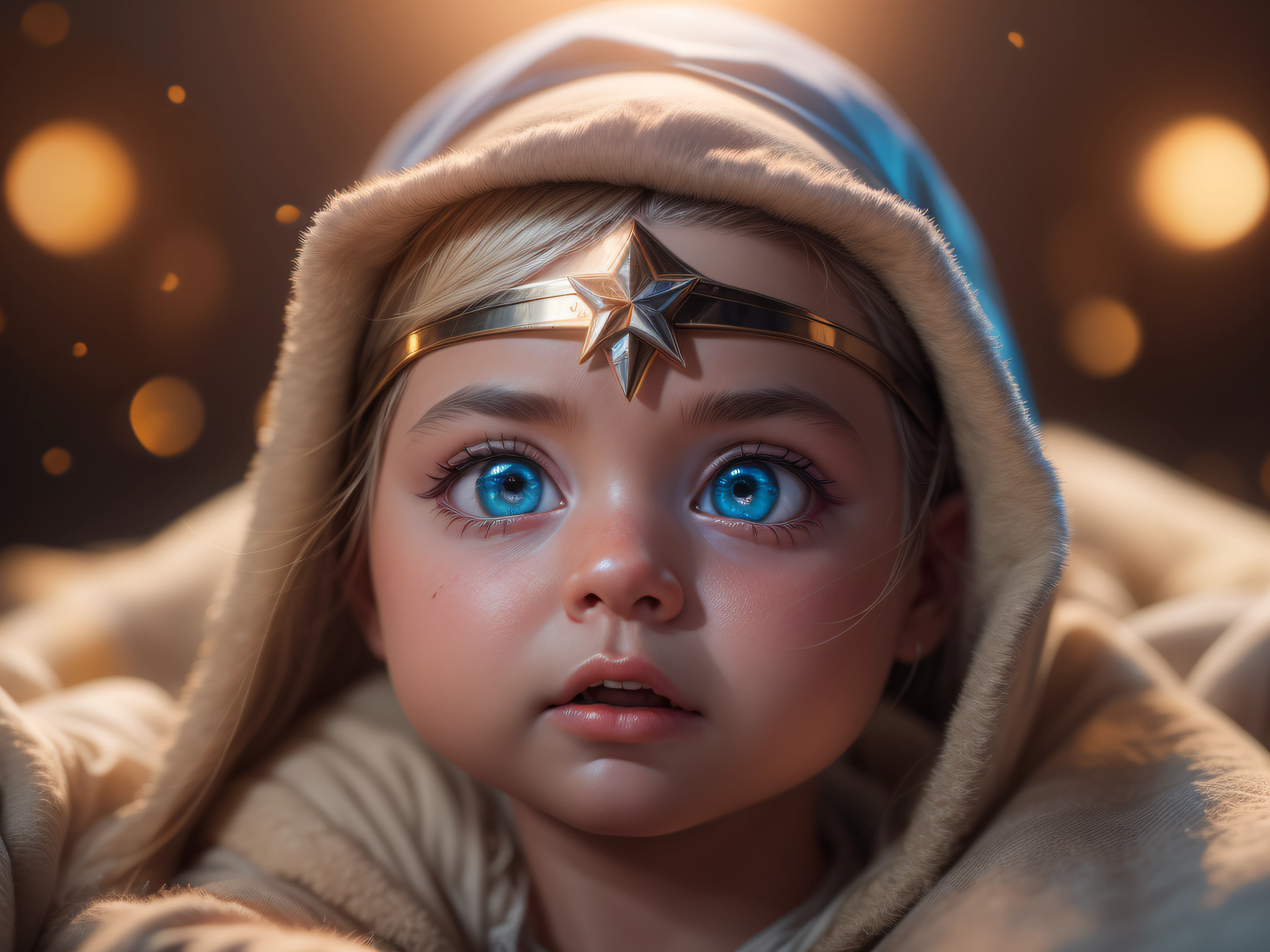 Close a powerful threat, The imposing appearance of the powerful baby-shaped Wonder Woman with gorgeous blue eyes dressed in beige uniform in a manger, menacing stare, ricamente detalhado, Hiper realista, 3D-rendering, obra-prima, NVIDIA, RTX, ray-traced, Bokeh, Night sky with a huge and beautiful full moon, estrelas brilhando, 8k,