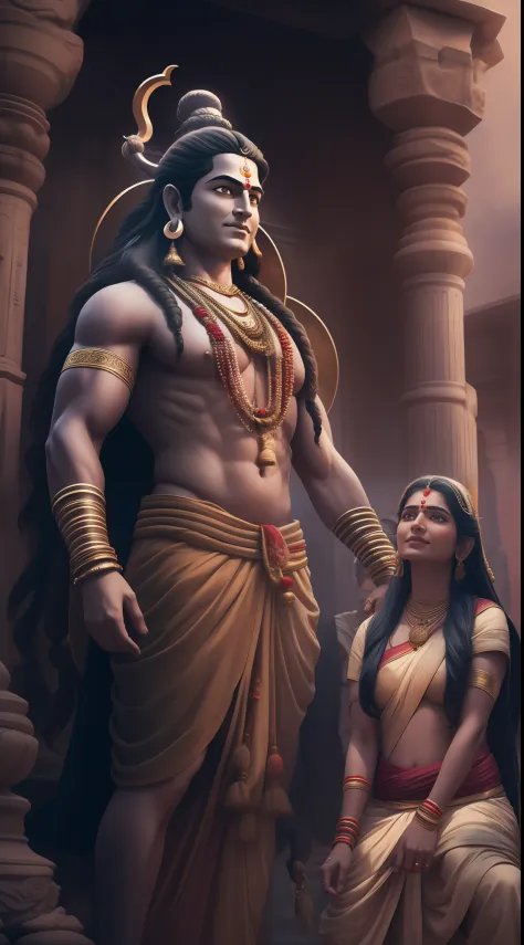 Lord shiva and  his wife is standing in public place and people re happy to see them , cinematic light, hd, ultra realistic, hig...