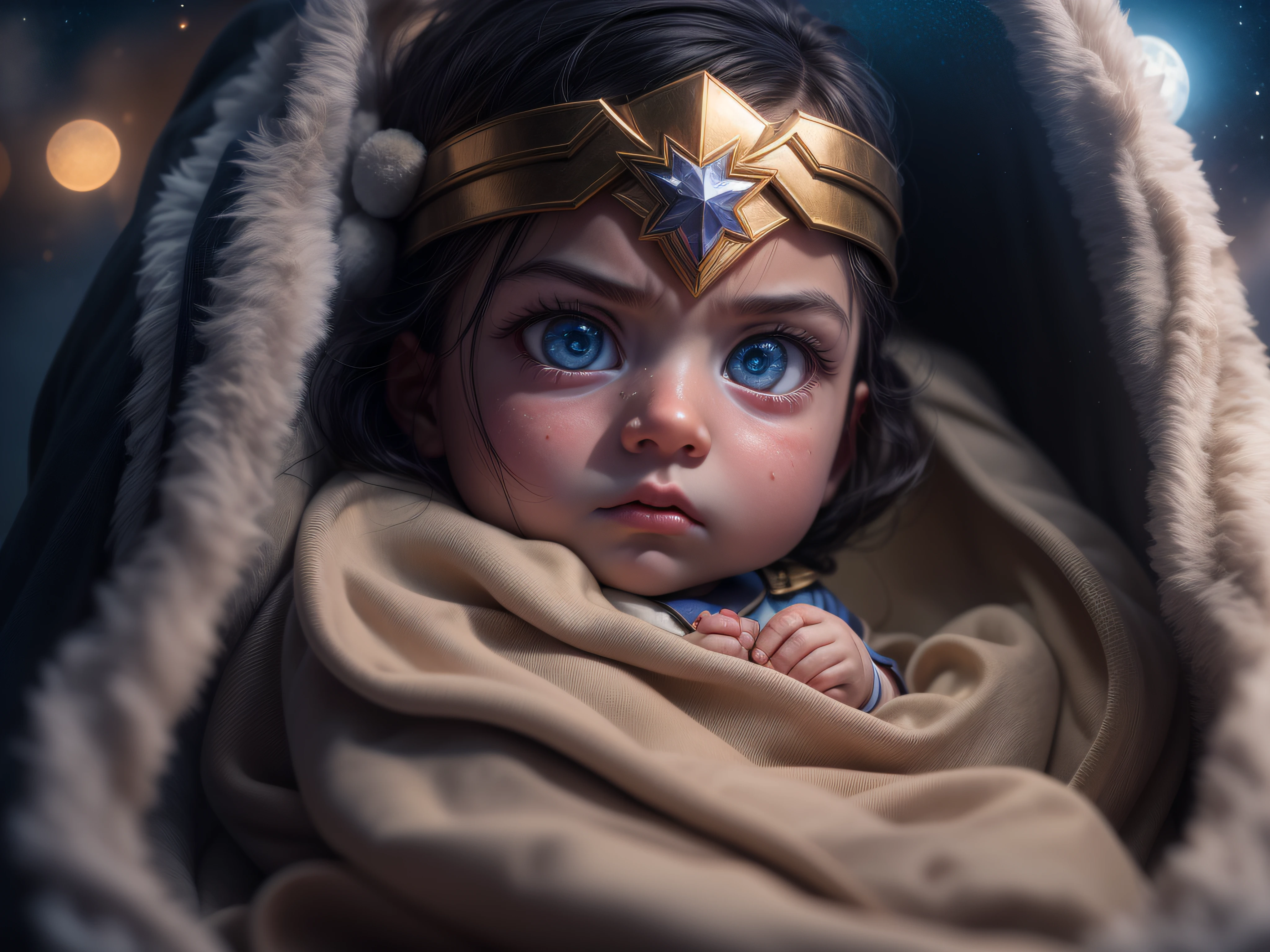 Close a powerful threat, The imposing appearance of the powerful baby-shaped Wonder Woman with gorgeous blue eyes dressed in beige uniform in a manger, menacing stare, ricamente detalhado, Hiper realista, 3D-rendering, obra-prima, NVIDIA, RTX, ray-traced, Bokeh, Night sky with a huge and beautiful full moon, estrelas brilhando, 8k,
