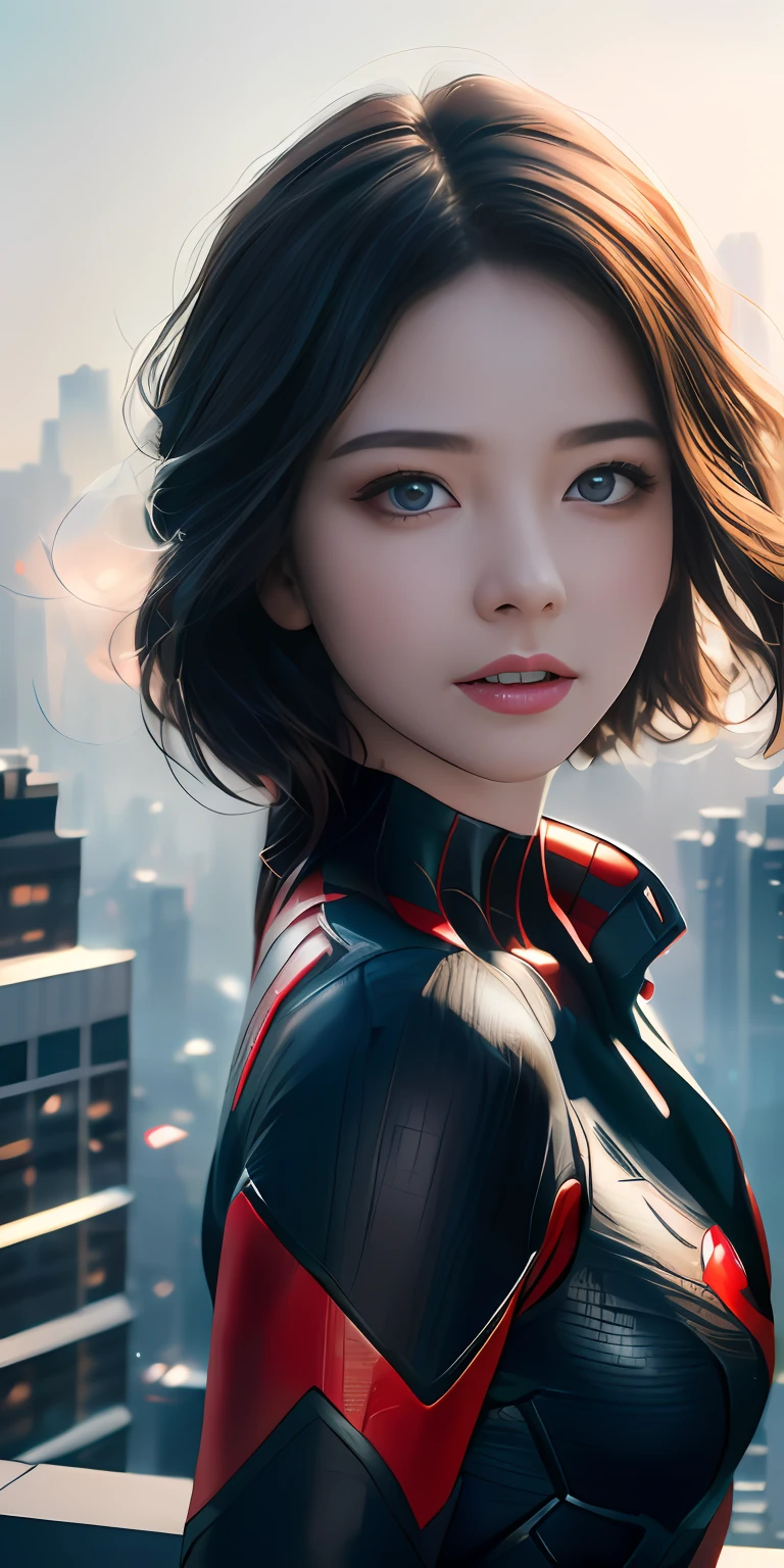 (1girl:1.3), Solo, (((Very detailed face)))), ((Very detailed eyes and face)))), Beautiful detail eyes, Body parts__, Official art, Unified 8k wallpaper, Super detailed, beautiful and beautiful, beautiful, masterpiece, best quality, original, masterpiece, super fine photo, best quality, super high resolution, realistic realism, sunlight, full body portrait, amazing beauty, dynamic pose, delicate face, vibrant eyes, (from the front), She wears Spider-Man suit, red and black color scheme, spider, very detailed city roof background, rooftop, overlooking the city, detailed face, detailed complex busy background, messy, gorgeous, milky white, highly detailed skin, realistic skin details, visible pores, clear focus, volumetric fog, 8k uhd, DSLR, high quality, film grain, fair skin, photo realism, lomography, futuristic dystopian megalopolis, translucent, naked;