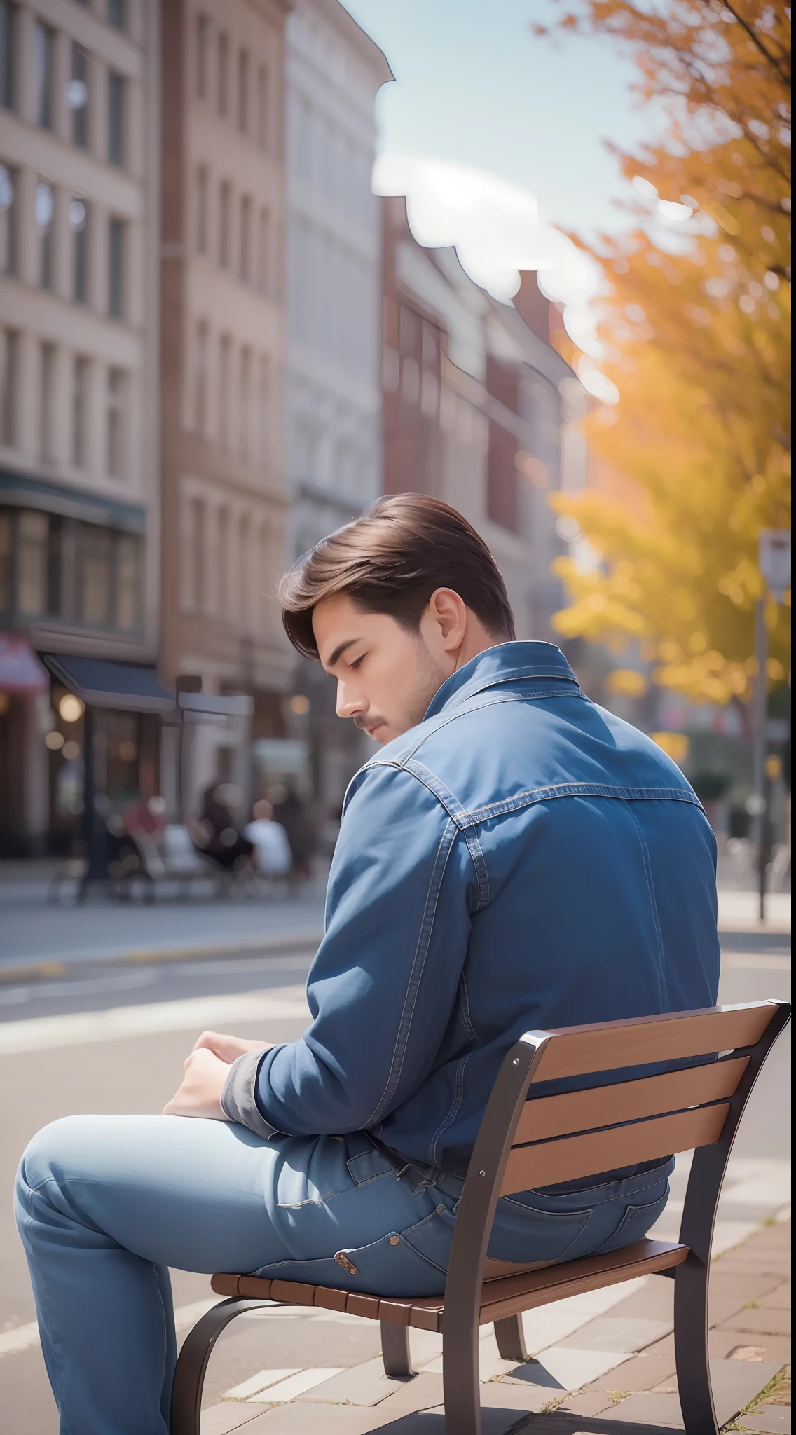 A man sitting on bench and bench is on park and he is very sad , full detailed face , ultra realistic face, hd  sun light on back side , cenematic lights